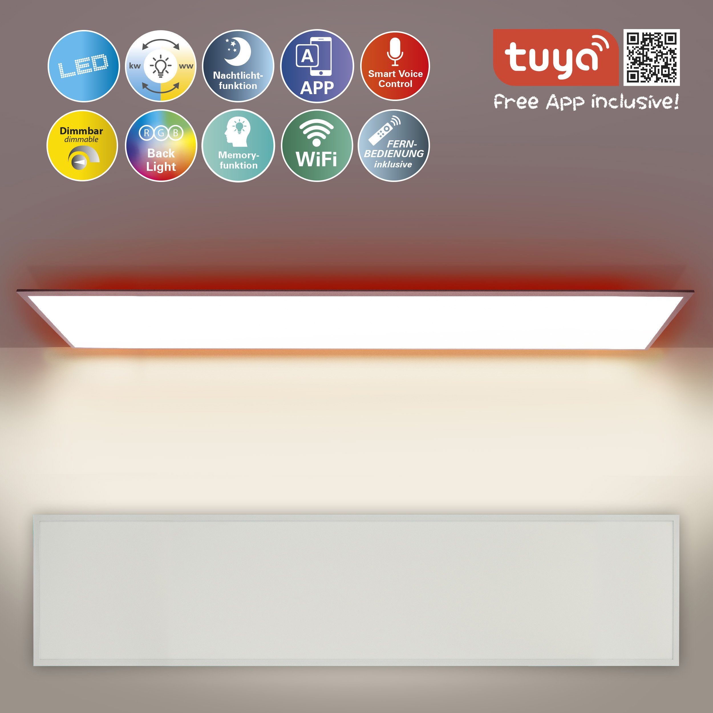 näve Smarte LED-Leuchte Hintergrund: LED Smart Farbwechsler, Memoryfunktion, LED fest Home App; Panel, CCT; Fernb., Nachtlicht-/Memoryfunktion; integriert, Backlight RGB-Stripe; Nachtlichtfunktion