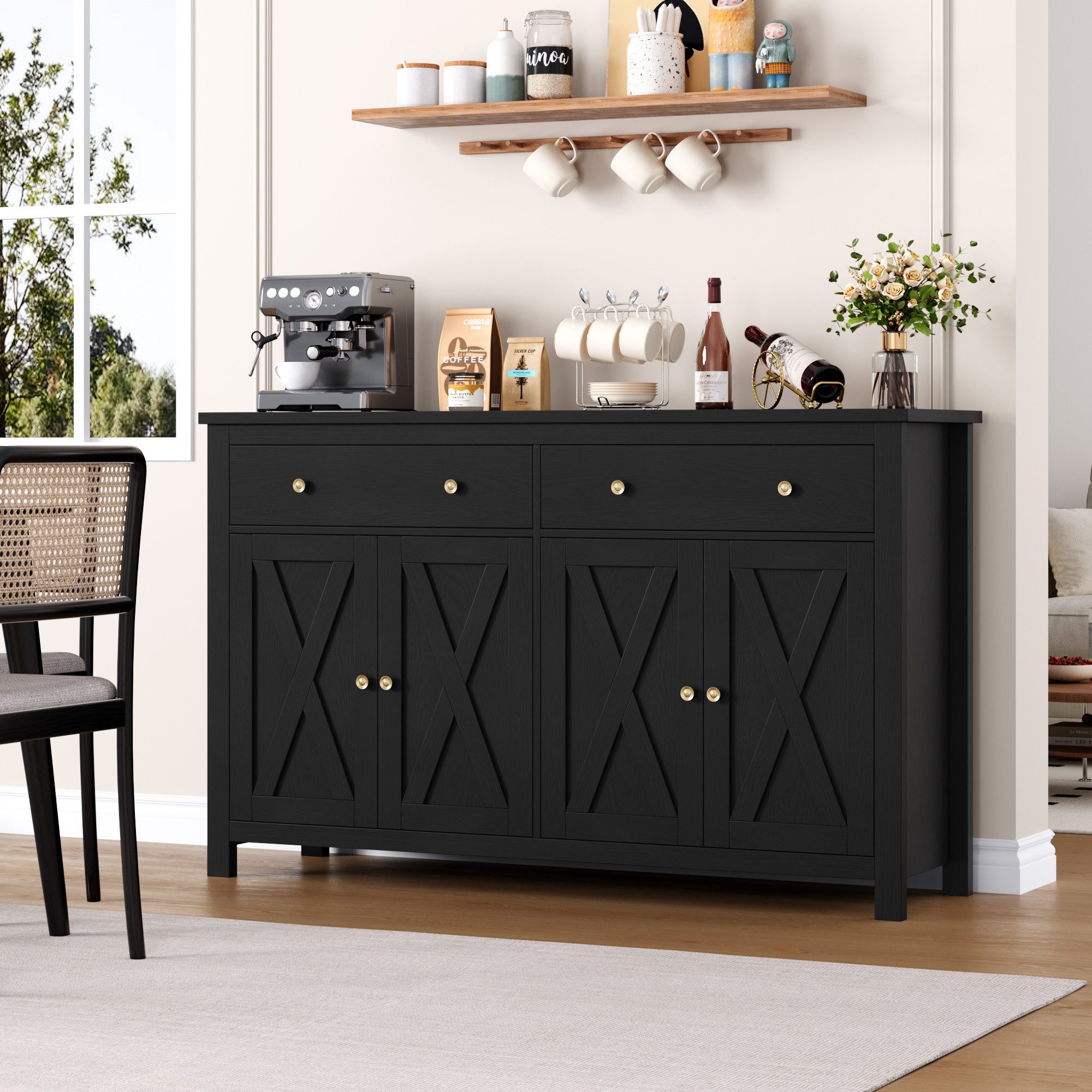 Homfa Sideboard für Küche 140cm Breit, Küchenschrank Buffetschrank 2 Schubladen 4 Türen 140x40x89cm schwarz – Bild 2 von 5