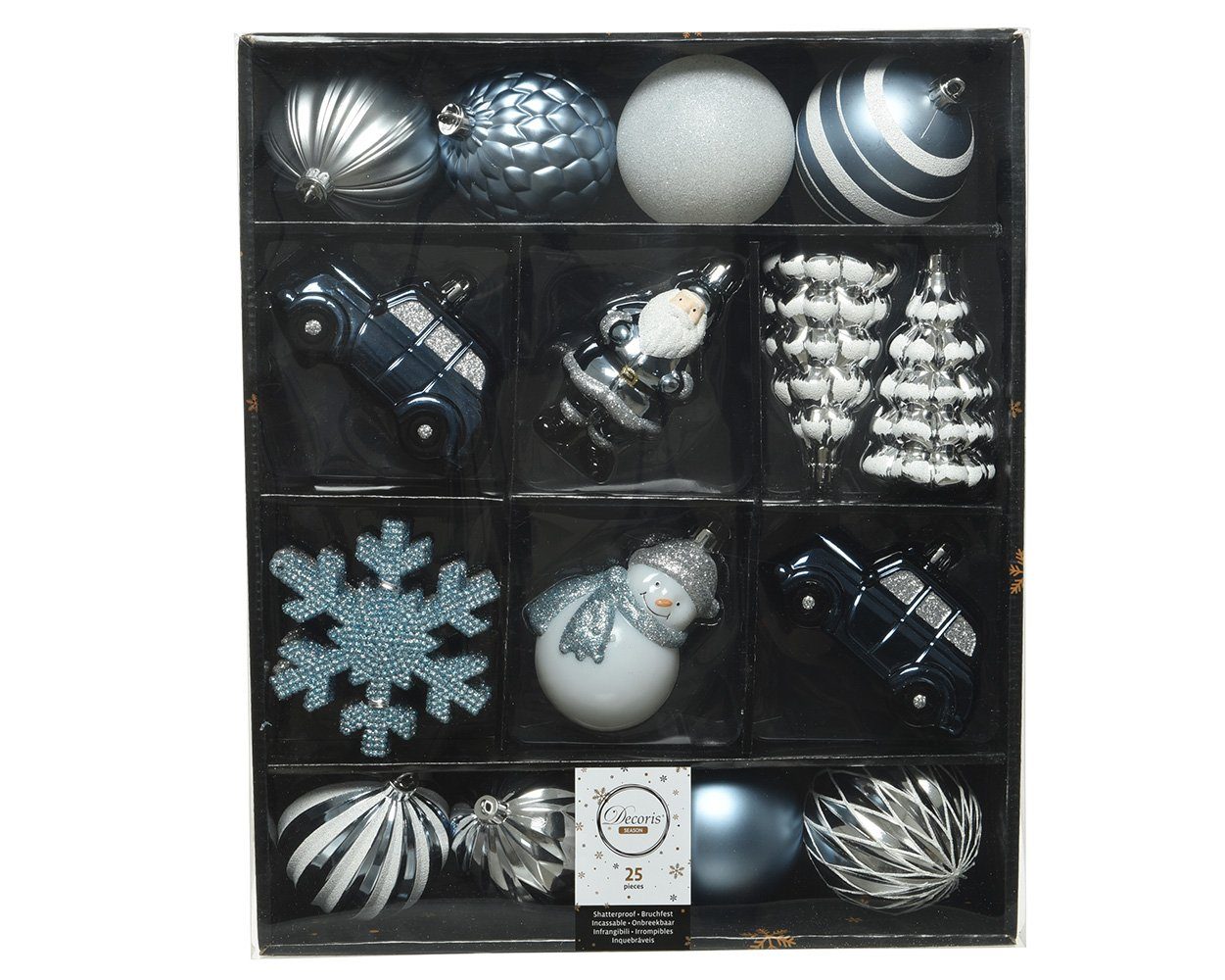 Decoris season decorations Christbaumschmuck, Weihnachtskugeln Kunststoff mit Figuren 8cm blau / silber, 25er Set