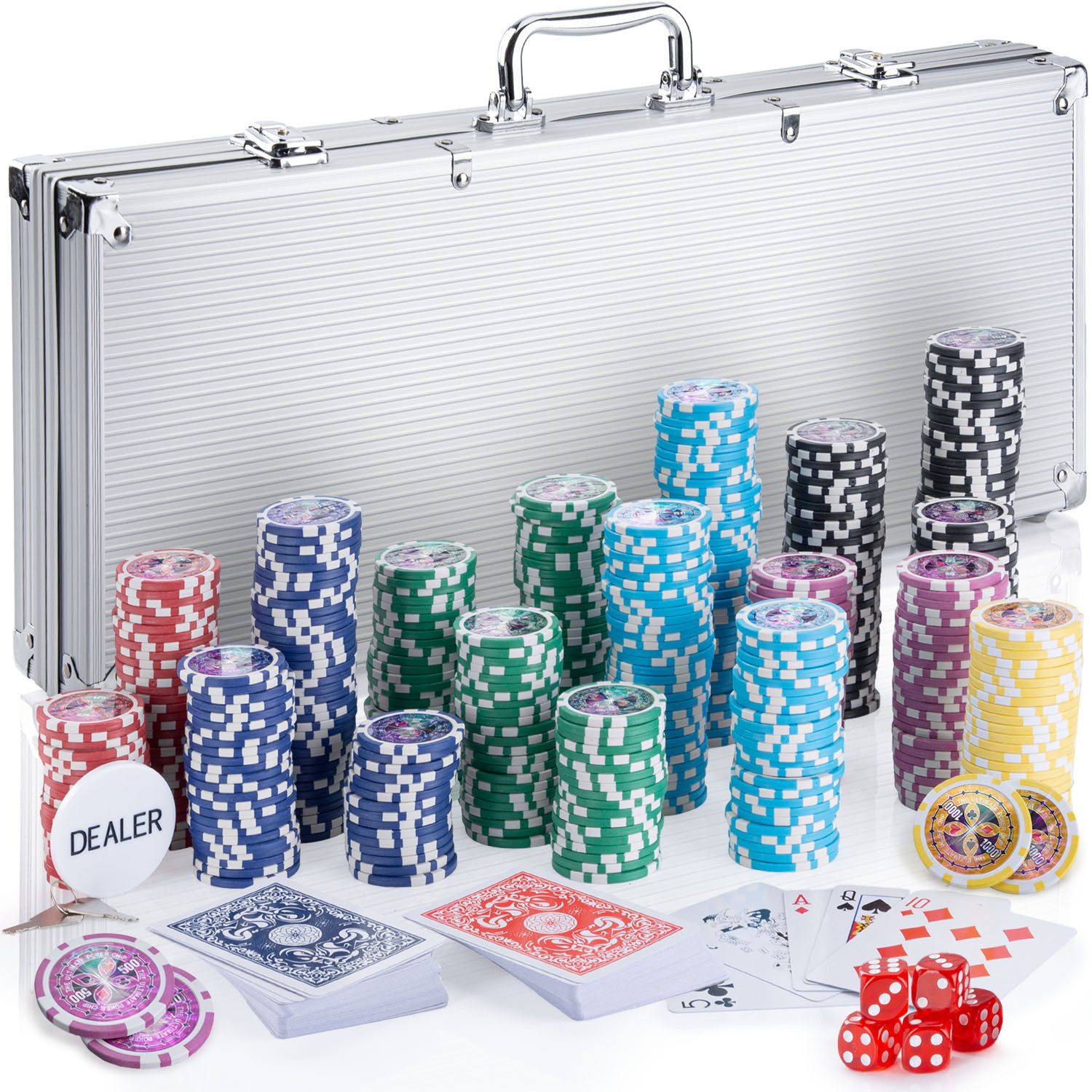 Goods+Gadgets Spiel Goods+Gadgets Profi Poker Set – Pokerkoffer mit 300–500 Chips Zuhause, Pokerset inkl. 300-500 Poker-Chips, Casino für Zuhause