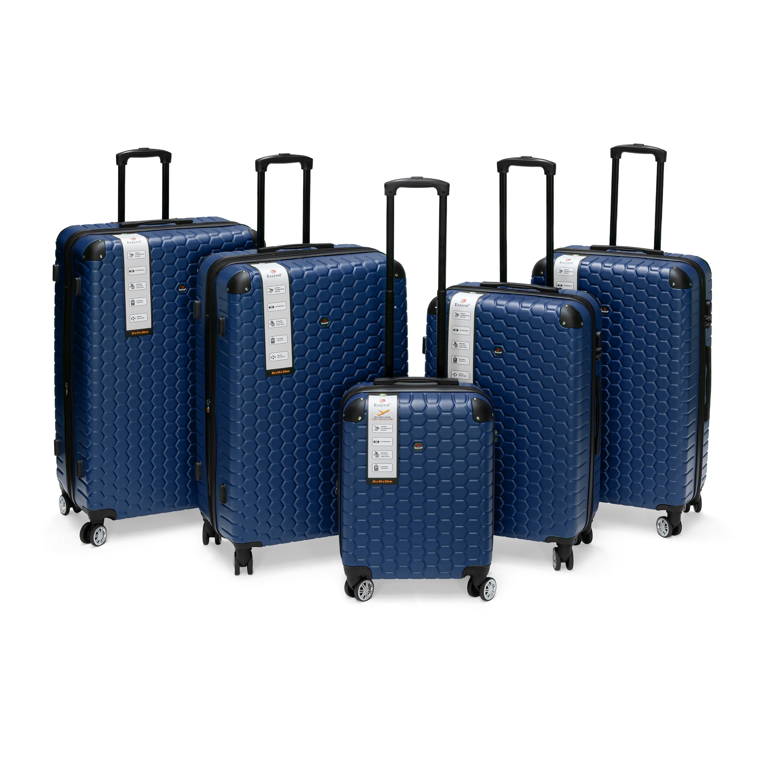 Ezzyrol® Kofferset Hartschalen-Trolley Reisekoffer Set, Koffer S-M-L-XL-XXL, 4 Rollen, (5 tlg), robuste ABS-Schale – stabil, leicht & ideal für Familienurlaub