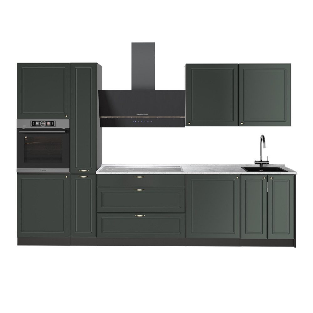 Vicco Küchenzeile Fame-Line, Grün-Gold Landhaus/Anthrazit, 310 cm, AP Marmor