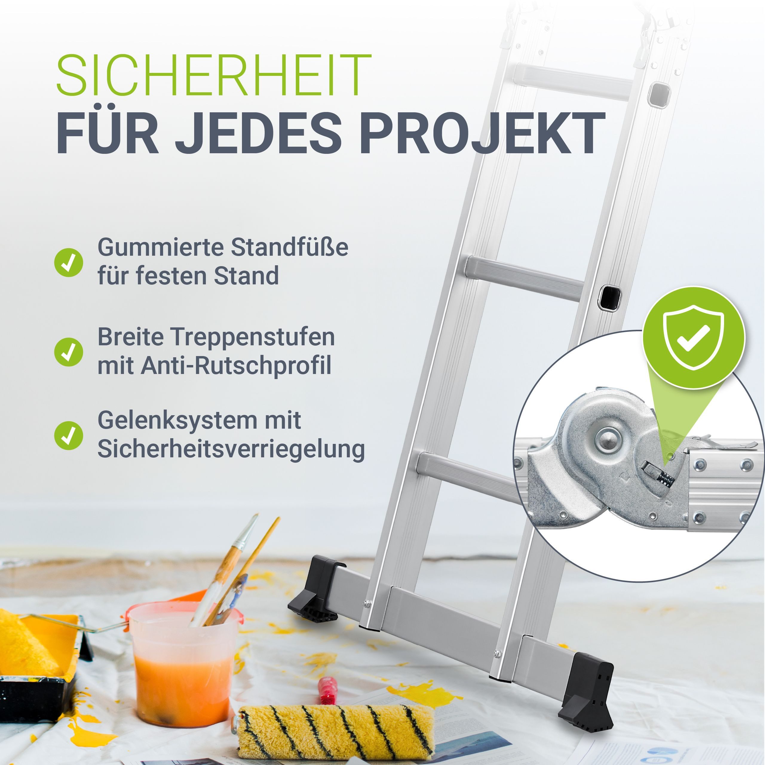 Juskys Vielzweckleiter Multifunktionsleiter, gummierte Standfüße, Gelenksystem, rutschfeste Trittfläche