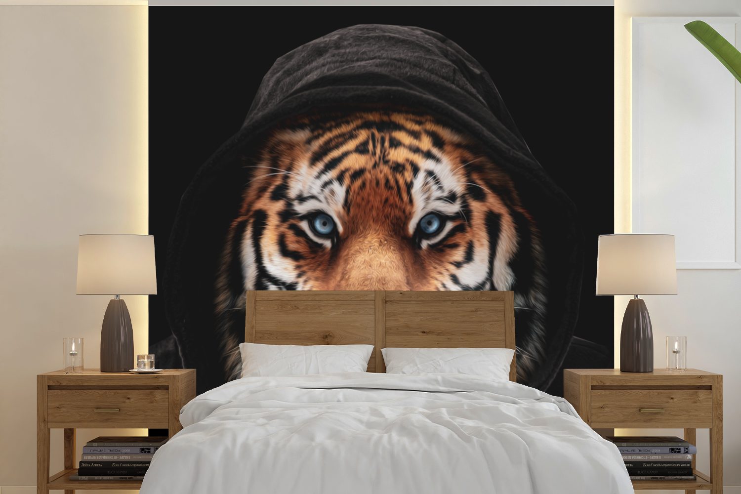 Schlafzimmer, Wohnzimmer MuchoWow Matt, - St), Blau, bedruckt, Vinyl - Wandtapete Kleidung Tiger für Fototapete oder Tapete (5