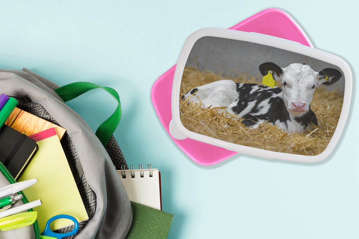 Stroh - Snackbox, rosa Kunststoff, (2-tlg), Kunststoff Erwachsene, Kalb Lunchbox Kuh Tier, Mädchen, Brotdose MuchoWow - - für Brotbox Kinder,