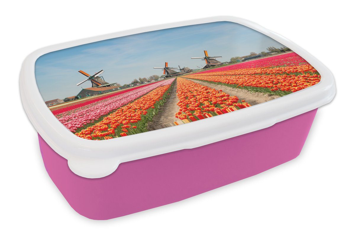 MuchoWow Lunchbox Tulpen - Windmühle Niederlande, für (2-tlg), Erwachsene, Kunststoff, Brotbox Snackbox, Kunststoff Mädchen, Kinder, rosa - Brotdose