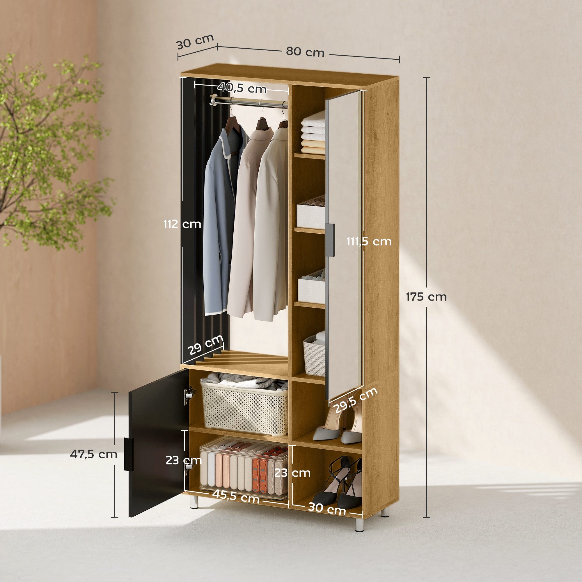 HOMCOM Kleiderschrank Garderobe Set mit Spiegel, Kleiderstange, Schuhschrank und Fächer (Flurgarderobe Set, 1-St., Garderobe Set) 80 x 30 x 175 cm, Naturholz