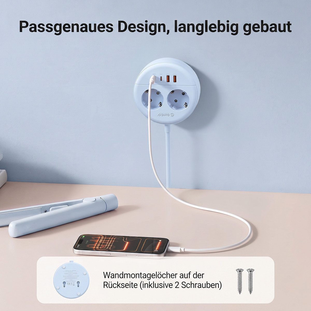 ORICO Steckdose Runde Steckdosenleiste mit USB-C PD 20W, 2 Steckdosen & 4 USB (2× USB-C), 1-St., 1,5 m Kabel, Wandmontage & Sicherheitsverschluss, 2500W für Bür – Bild 4 von 5