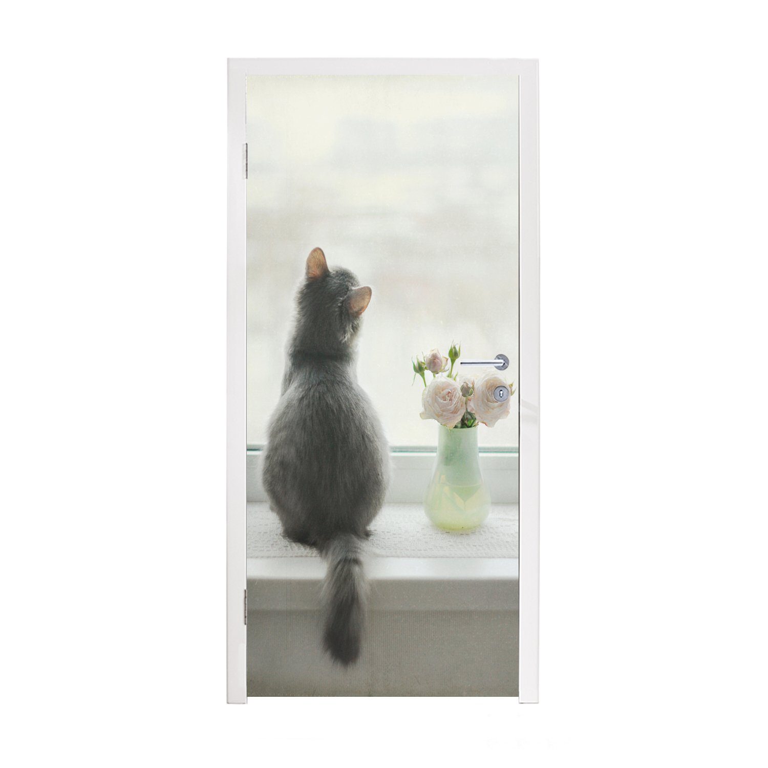 MuchoWow Türtapete Katze - Vase - Rosen, Matt, bedruckt, (1 St), Fototapete für Tür, Türaufkleber, 75x205 cm