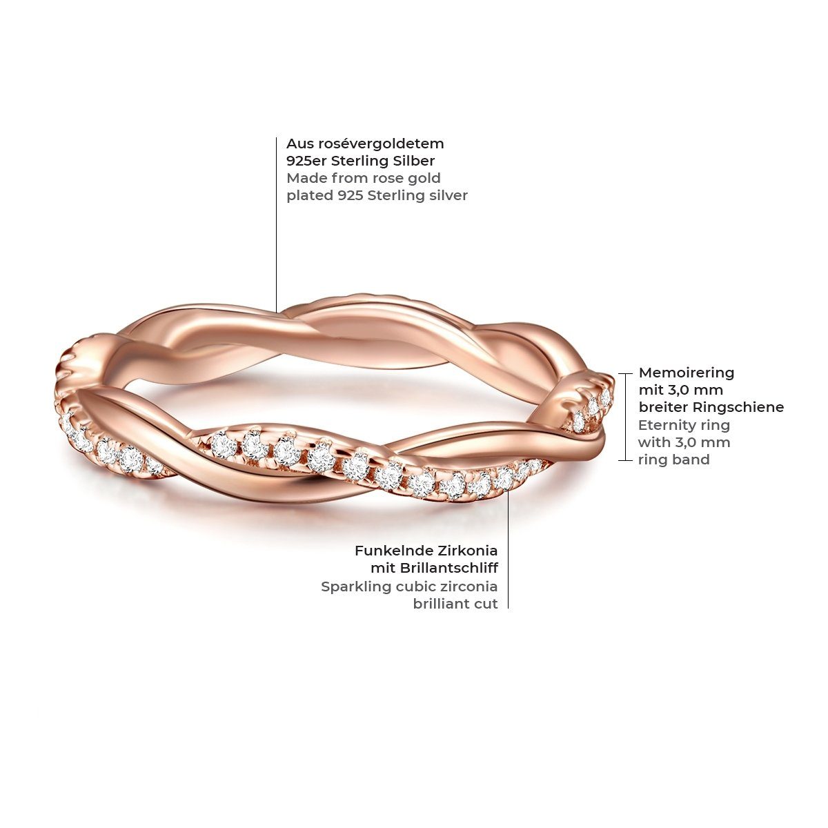 Trilani Fingerring Silberring aus Sterling rosévergoldet, Zirkonia in mit Silber