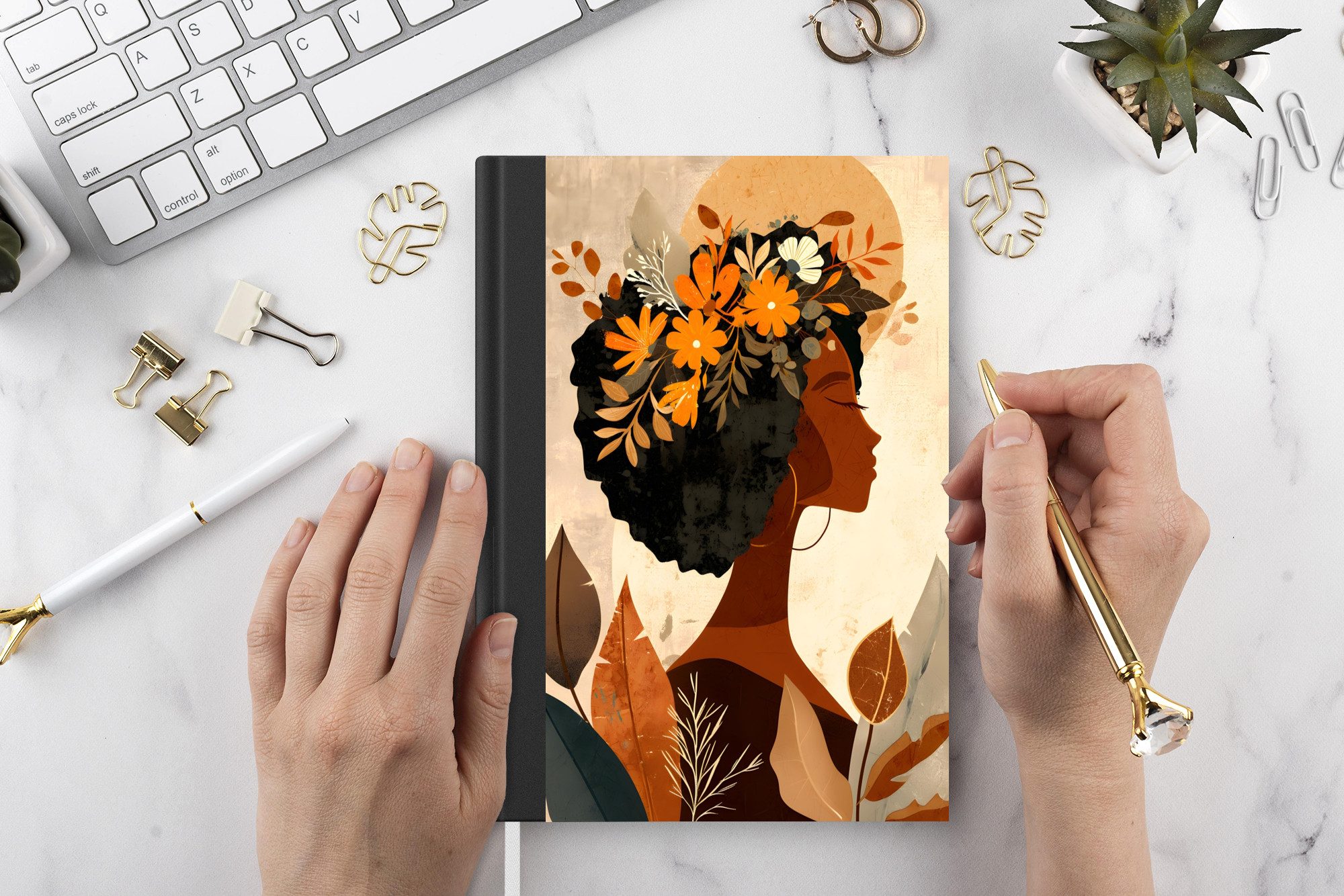 MuchoWow Notizbuch Frau - Locken - Blumen - Beige, Notebook, Notizblock a5, Tagebuch, Journal Liniert