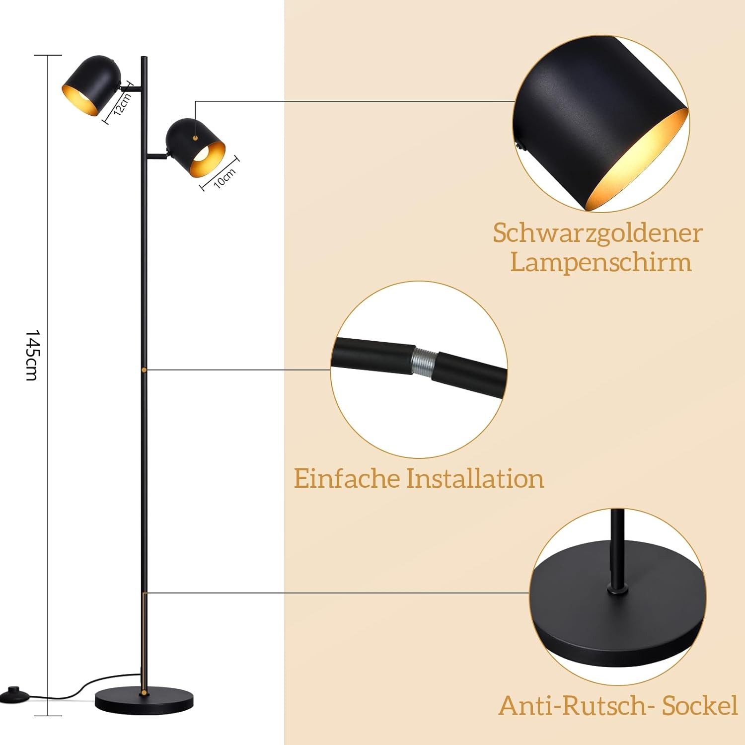 Nettlife Stehlampe Schwarz Wohnzimmer Stehleuchte Vintage Metall 2 Flammig E14 Industrial, Schwenkbar 350°, LED wechselbar, Stehleuchte Leselampe Retro für Schlafzimmer Wohnzimmer