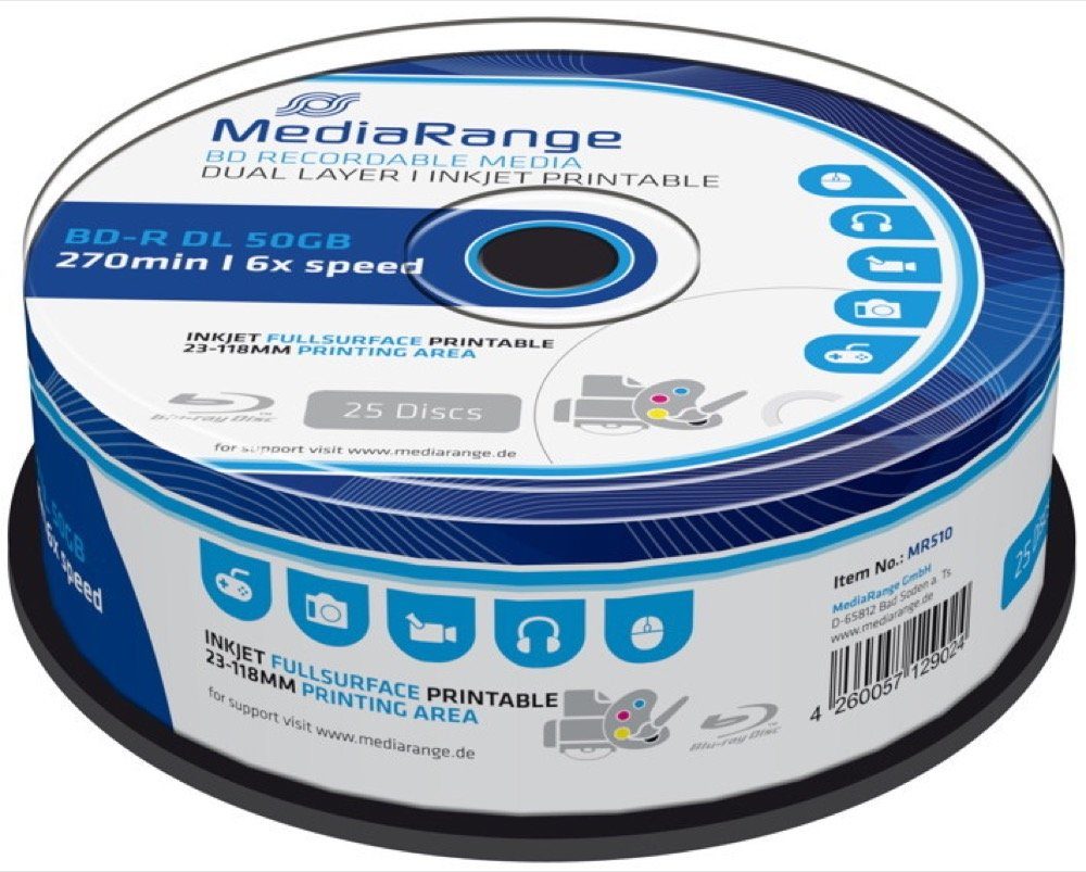 Mediarange Blu-ray-Rohling 25 Blu-ray BD-R Dual Layer full printable 50GB 6x Spindel