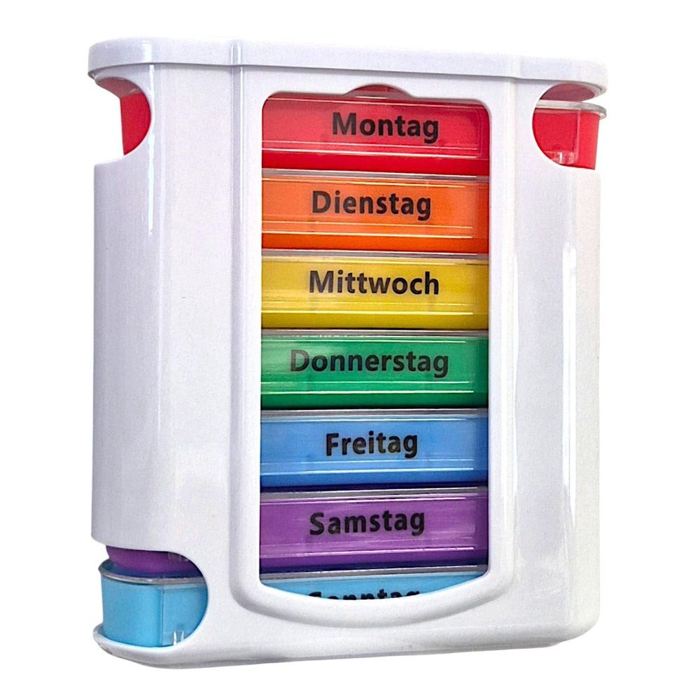 Da Meso Pillendose Deluxe 7 Tage Tablettenbox Regenbogen Weiß Wochentage & Tageszeiten
