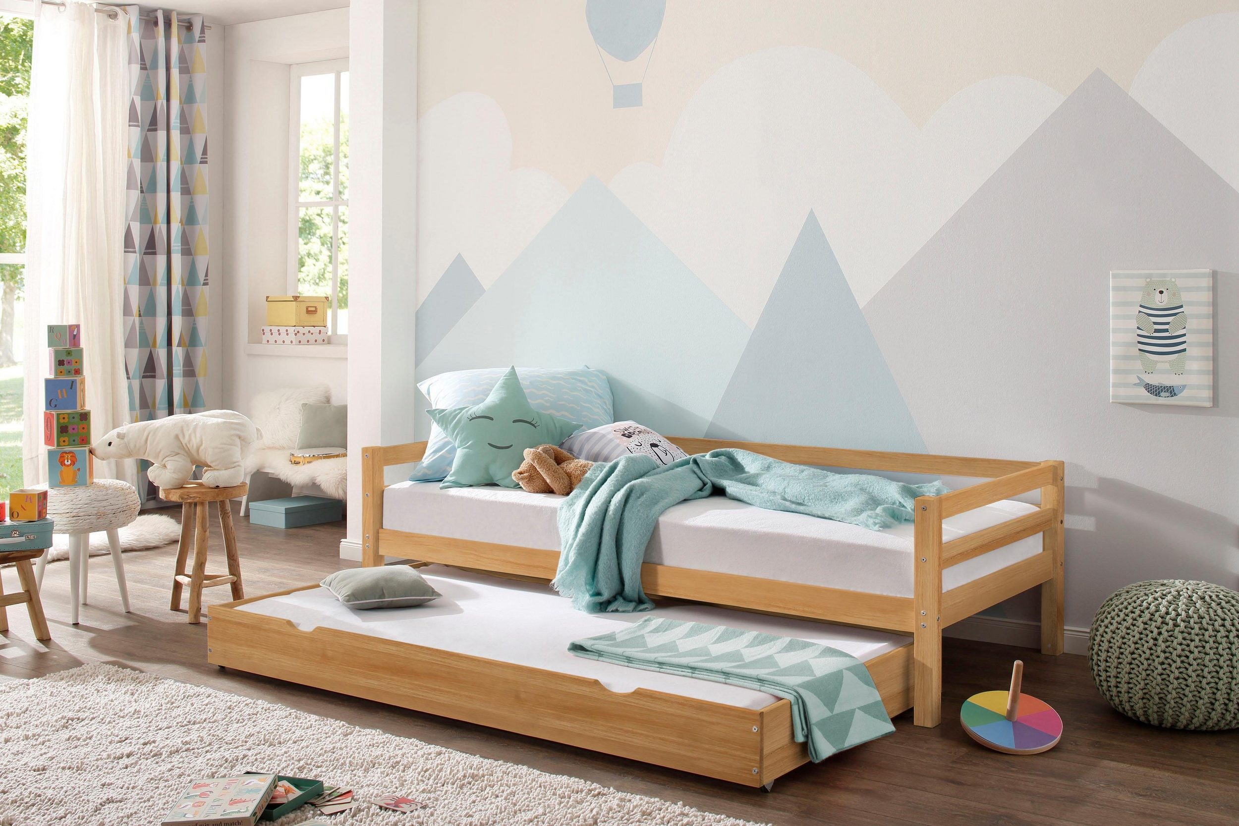 loft24 Bett Allie - Bettgestell Bettrahmen Holzbett Kinderbett Ausziehbett, mit Bettkasten, ausziehbare Liegefläche, Kiefer, Landhausstil