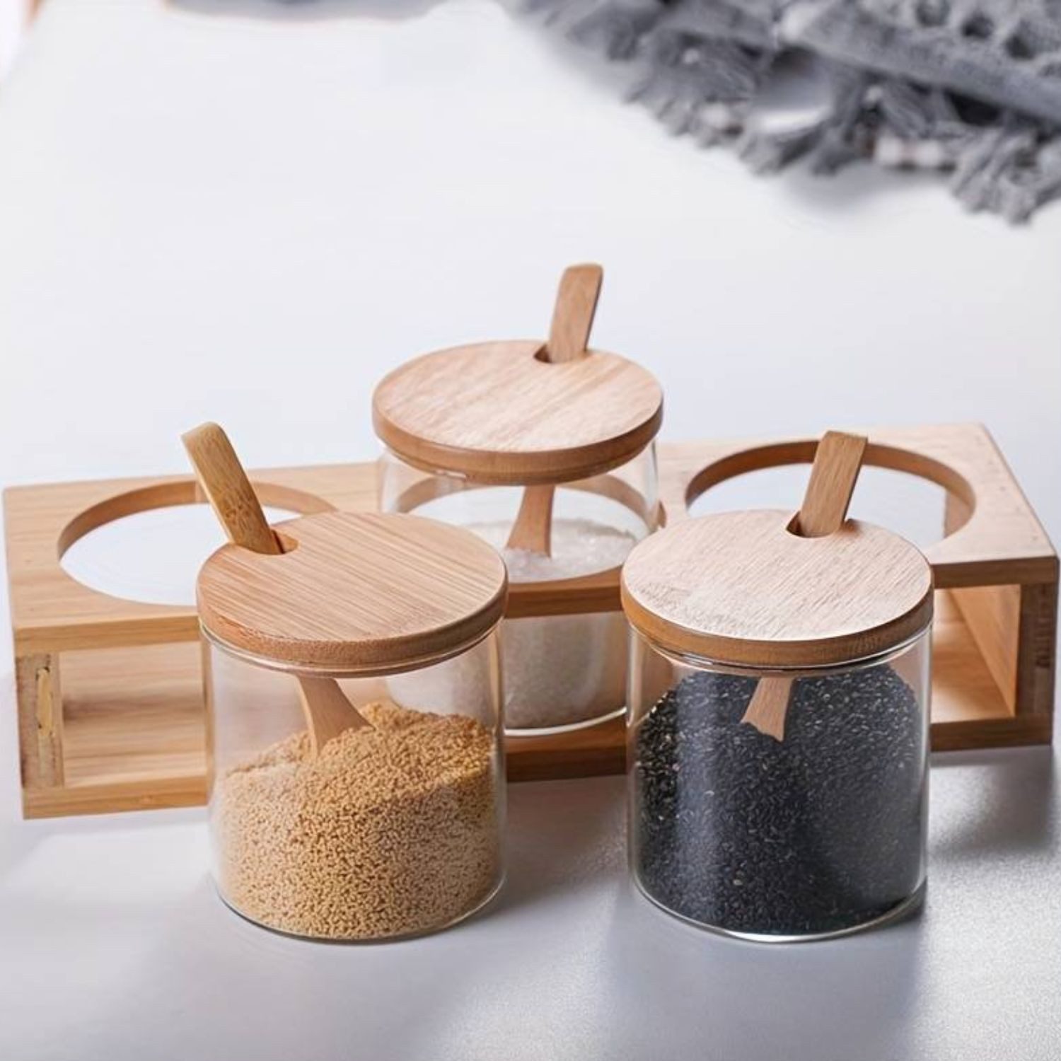 Faizee Möbel Gewürzbehälter Stilvolles Gewürzdosen-Set mit Bambus-Halterung, Bambus/Glas