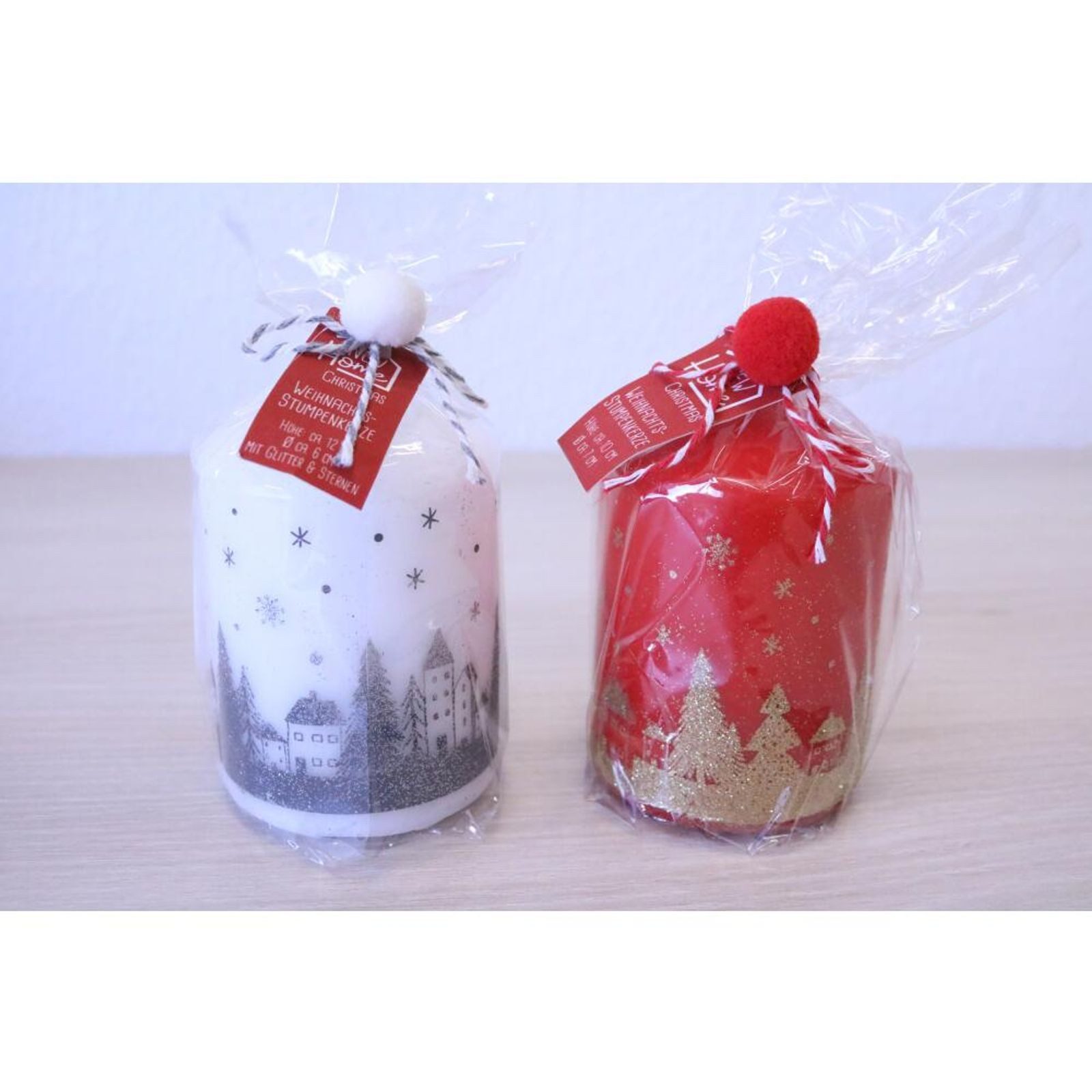 BURI Stumpenkerze 12 Stück Weihnachtsdeko Stumpenkerzen mit Wintermotiv Glitzer Sterne