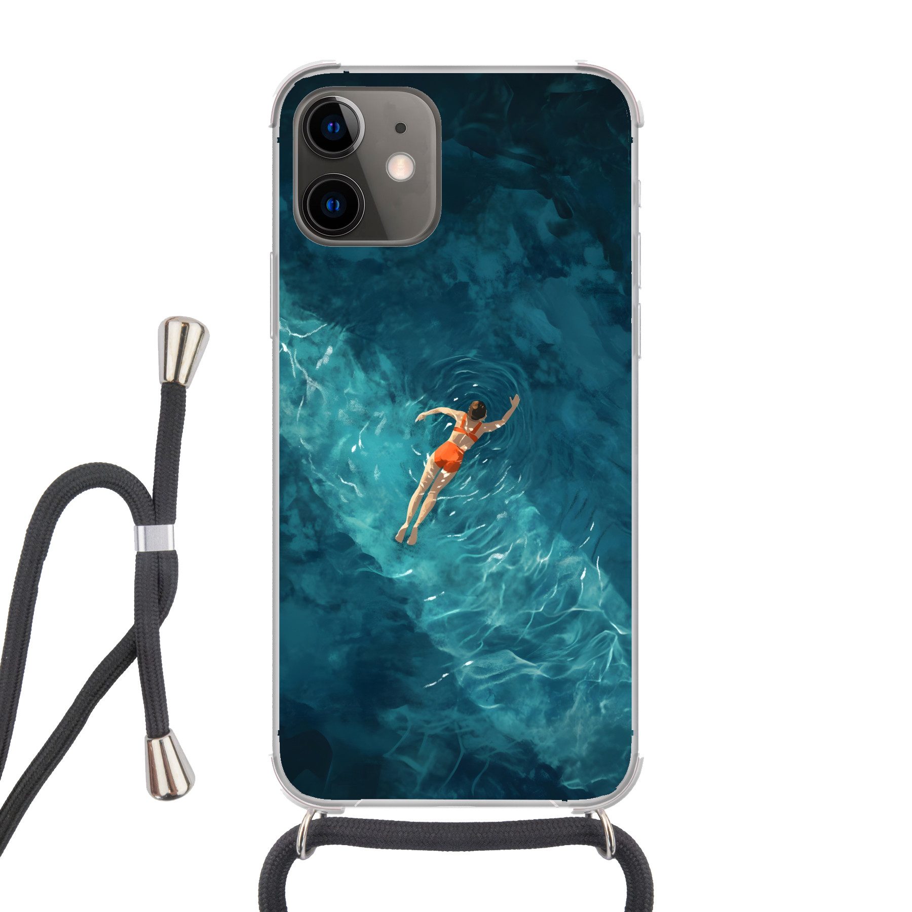 MuchoWow Handyhülle für Apple iPhone 12 Mini Frau - Wasser - Bikini - Orange, Tragbare Handyhüllen mit Kette zum umhängen, Handykette Handyband