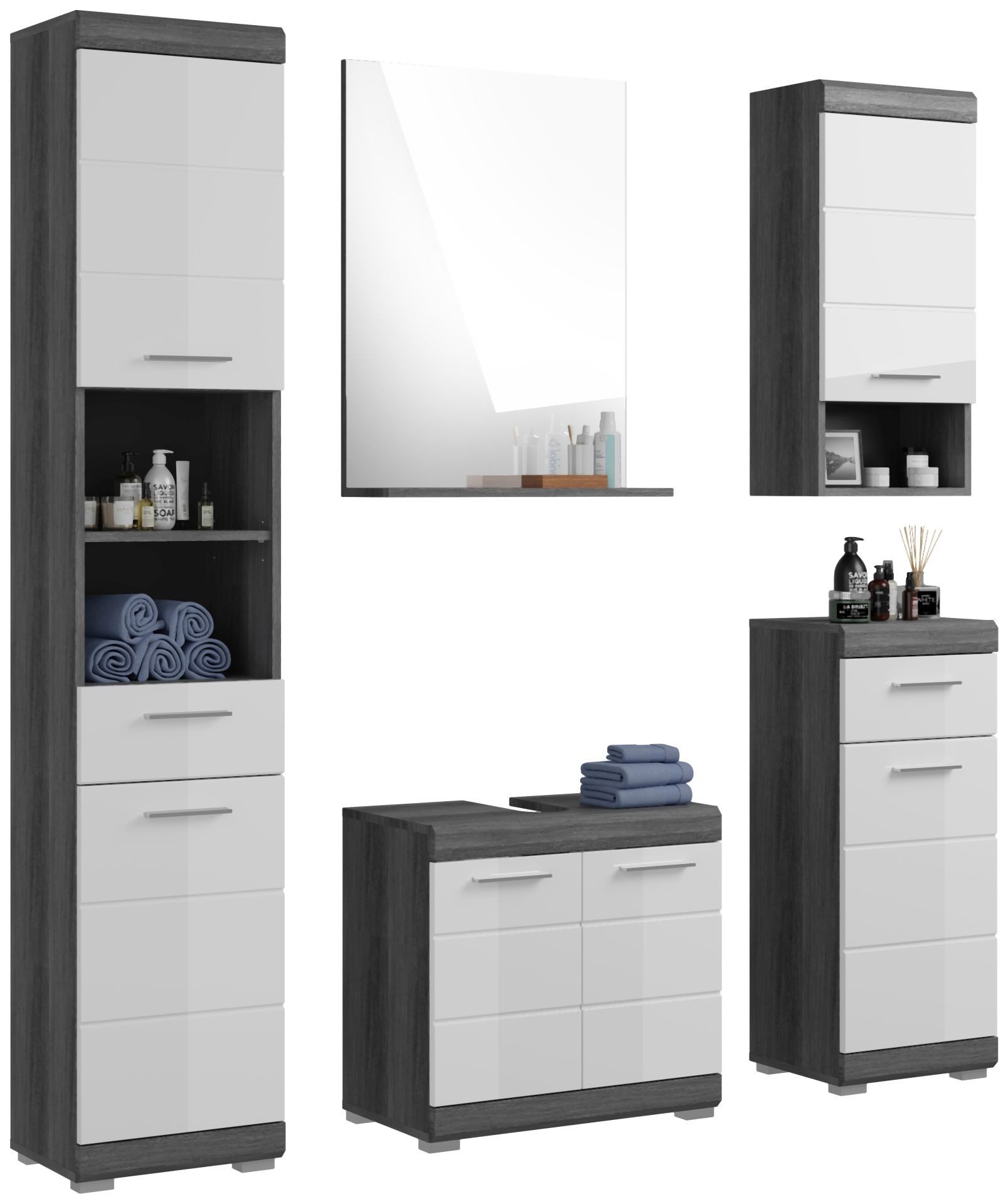 xonox.home Badmöbel-Set Badezimmer Badmöbel-Set SCOUT 5-tlg., mit weißer Hochglanzfront, (Komplett-Set, 5-St., Waschtisch, Hochschrank, Hängeschrank, Spiegelpaneel, Badstandschrank)