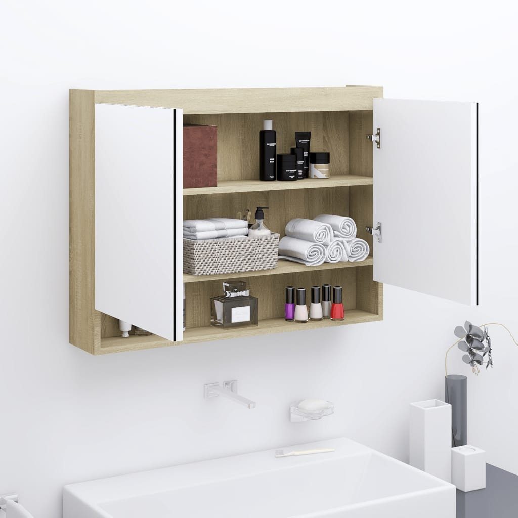vidaXL Badezimmerspiegelschrank (1-St) cm Weiß und fürs und MDF Spiegelschrank Eichefarben Weiß Bad Eiche-Optik 80x15x60