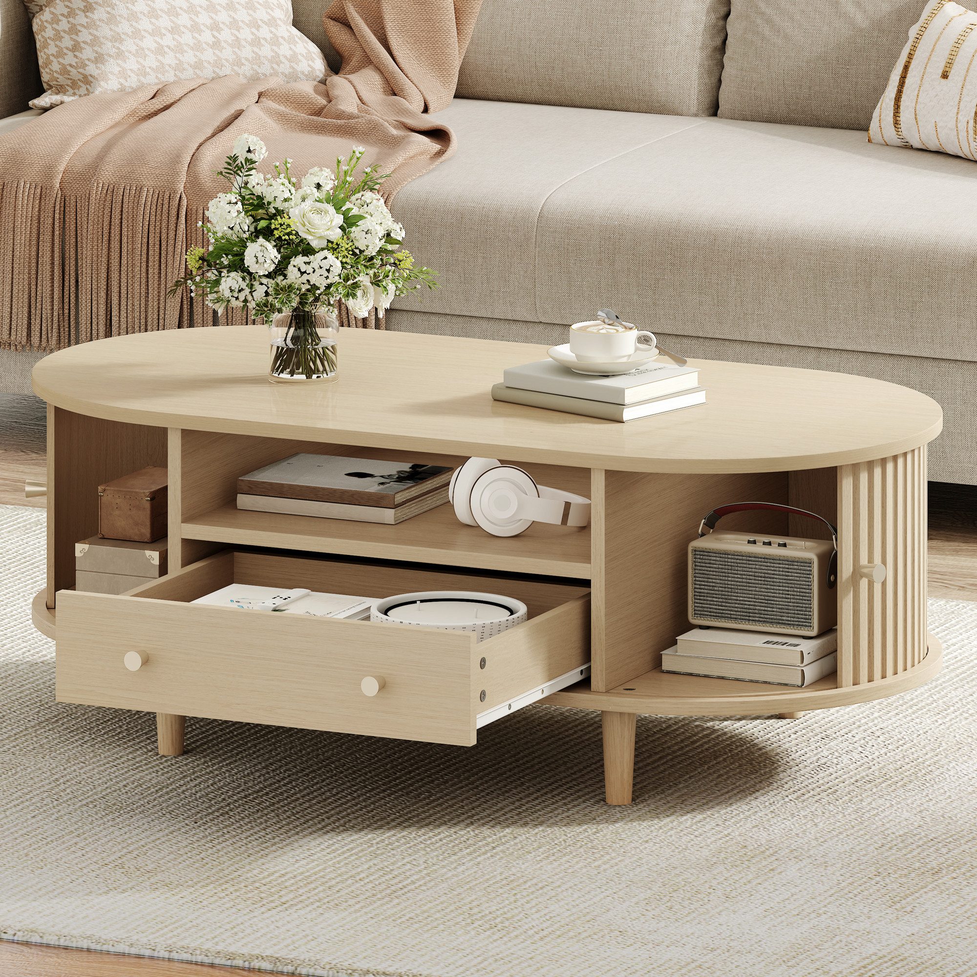 Merax Couchtisch Ovaler Kaffeetisch Sofatisch Beistelltisch (1-St), Wohnzimmertisch mit Schublade,Rolltüren & offenem Stauraum,100x50x36cm