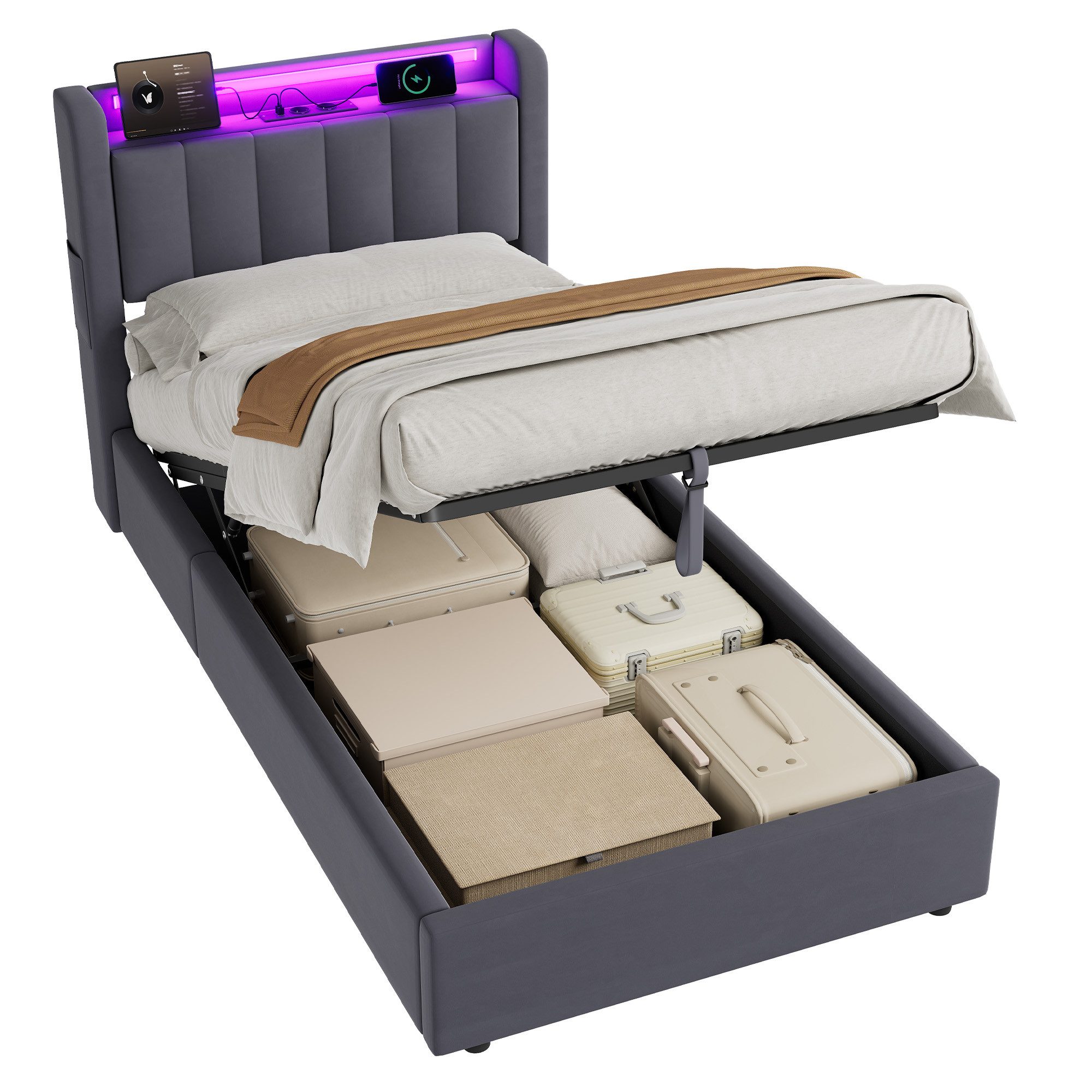 REDOM Polsterbett Hydraulisches Bett mit LED-Beleuchtung & USB-Ladestation (Funktionsbett, 1-tlg., 90x200 cm, inkl. Stauraum, Kopfteilregal & Samtbezug), Für ein komfortables und praktisches Schlafambiente(ohne Matratze)