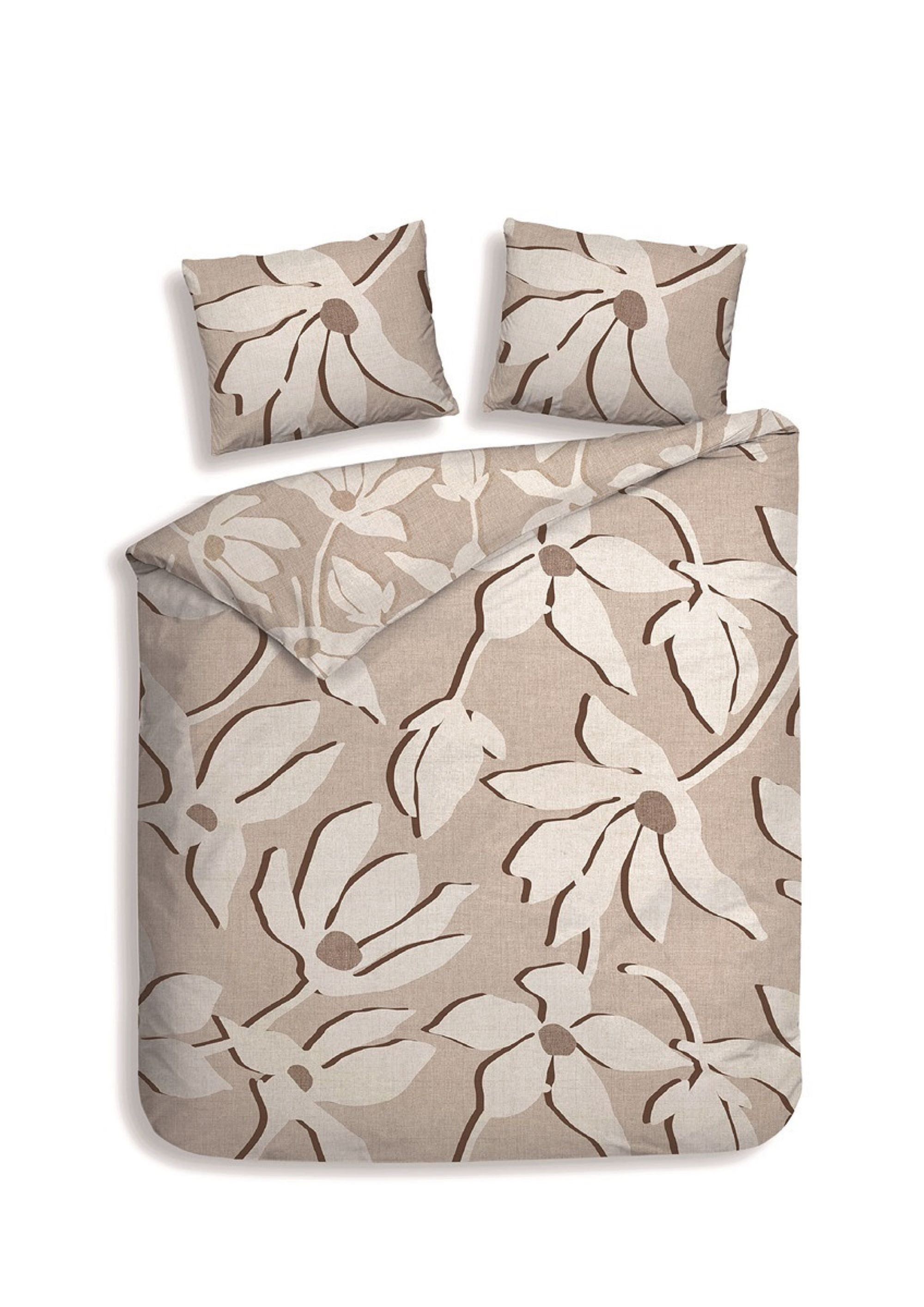 Heckett and Lane Bettwäsche Heckettlane Satin Bettwäsche 135x200 Sanaa Safari beige Blüten Blätter, Mako-Satin, 2 teilig, für den Sommer und Winter