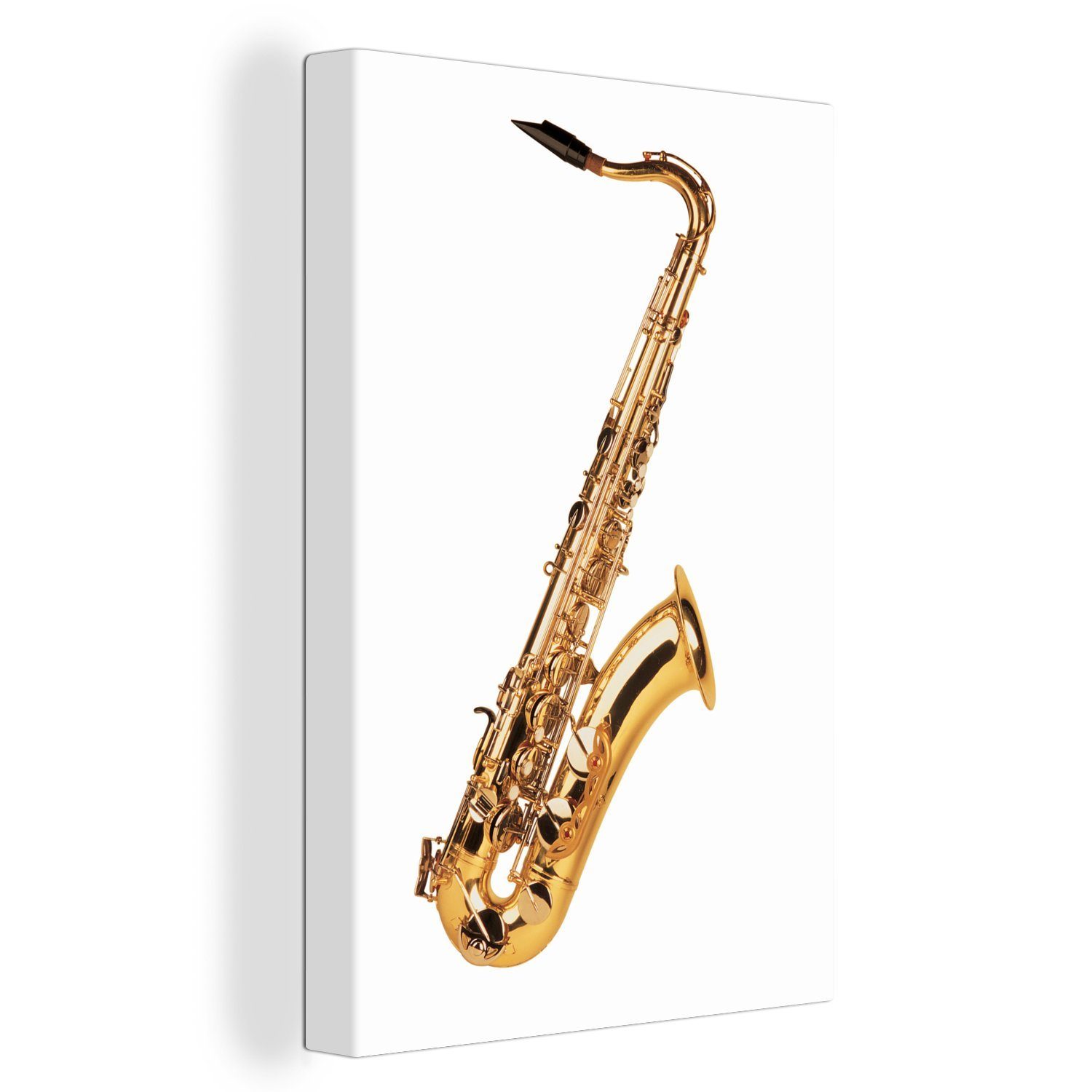 OneMillionCanvasses® Leinwandbild Glänzendes Saxophon vor einem weißen Hintergrund, (1 St), Leinwandbild fertig bespannt inkl. Zackenaufhänger, Gemälde, 20x30 cm