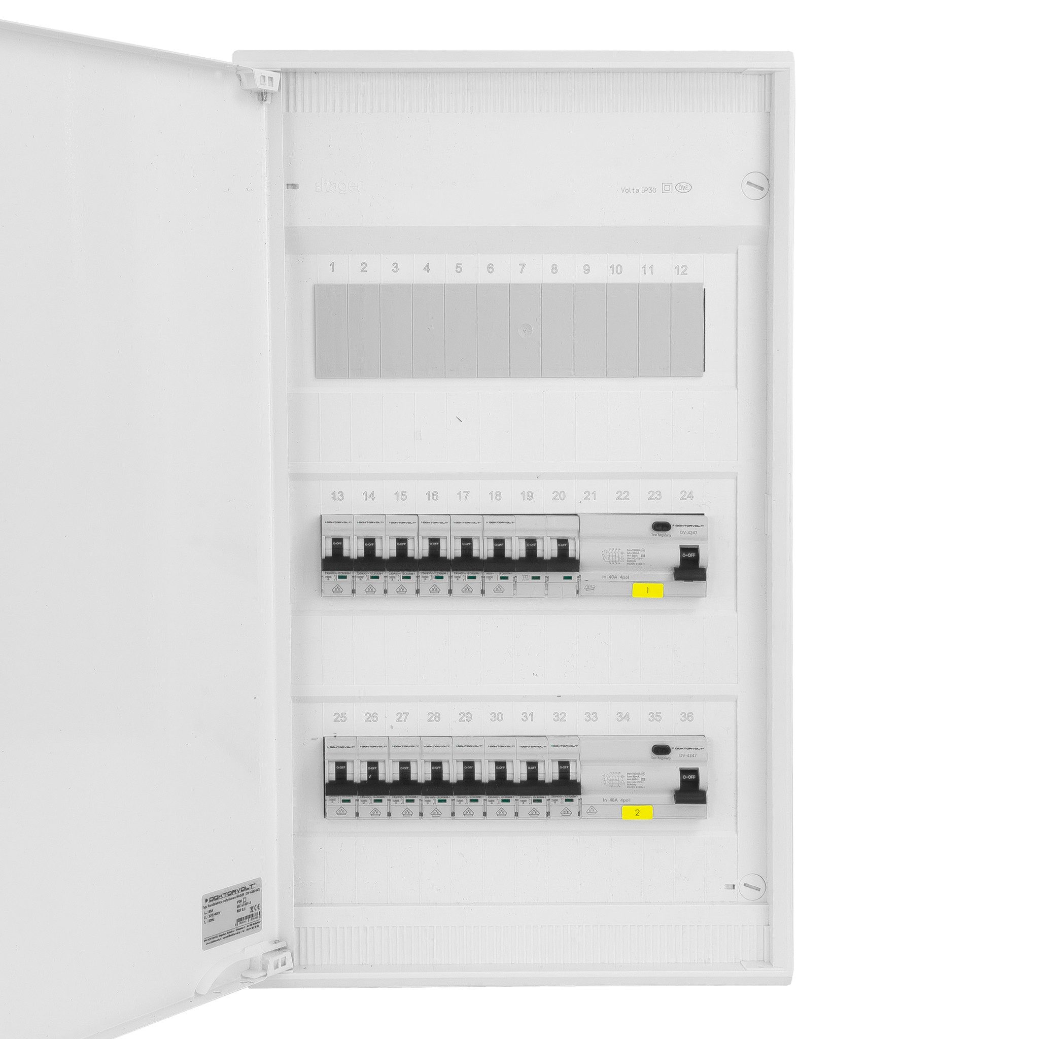Doktorvolt Stromverteiler Sicherungskasten Hager Aufputz 14xMCB 2xRCCB 3x12 Verteilerschrank VDE