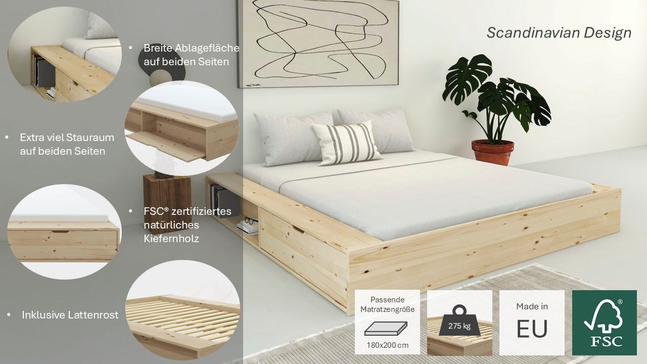 OTTO home Massivholzbett Erno, TOPSELLER, Stauraumbett Futonbett, 275KG belastbar (Breite/ Belastbarkeit: 120cm/275 KG, 180cm/275 KG), mit Lattenrost, FSC® zertifiziert, viel Stauraum + Ablagen