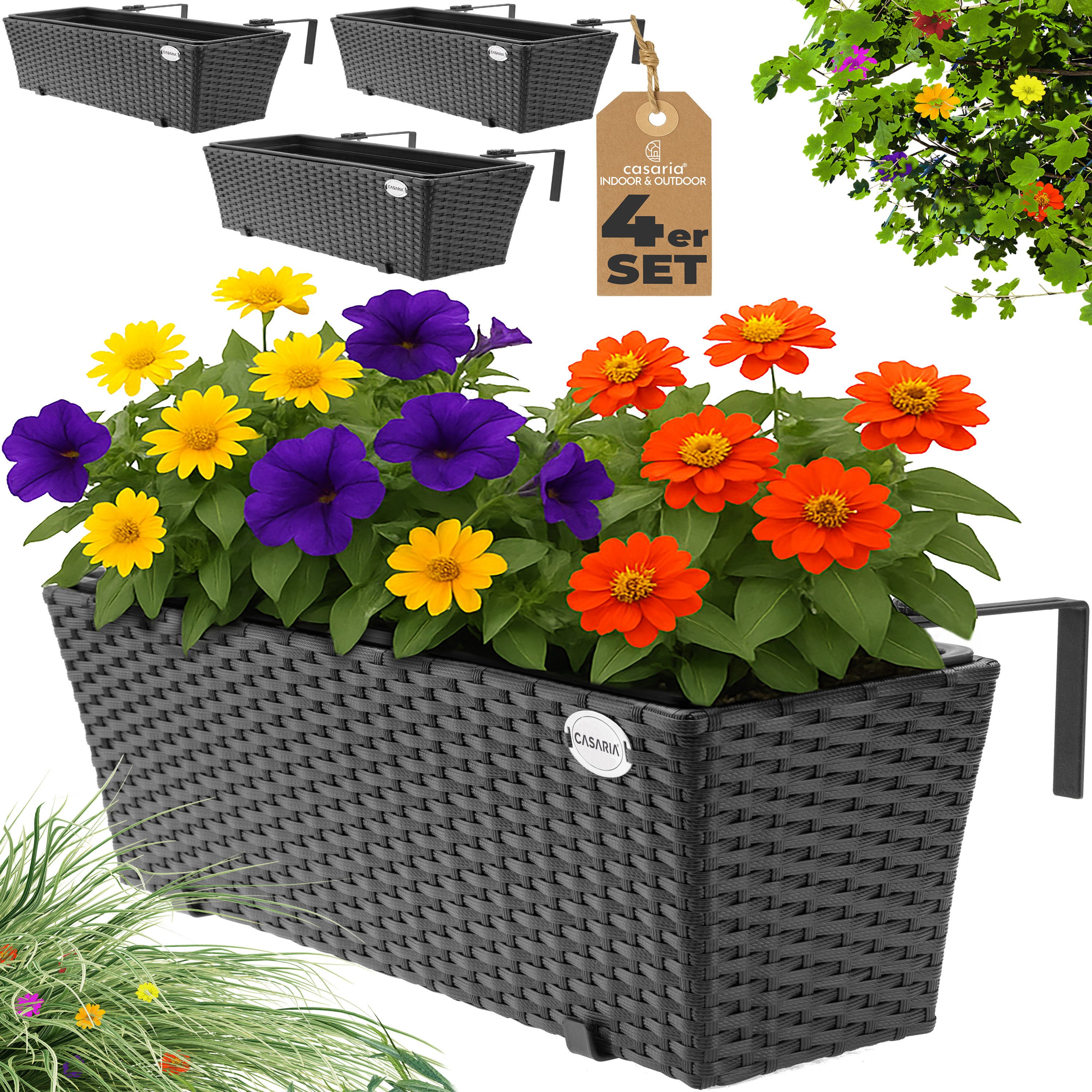 Casaria Blumenkasten, 4er Set 11 Liter Montagehalterung Indoor Outdoor Geländerkasten