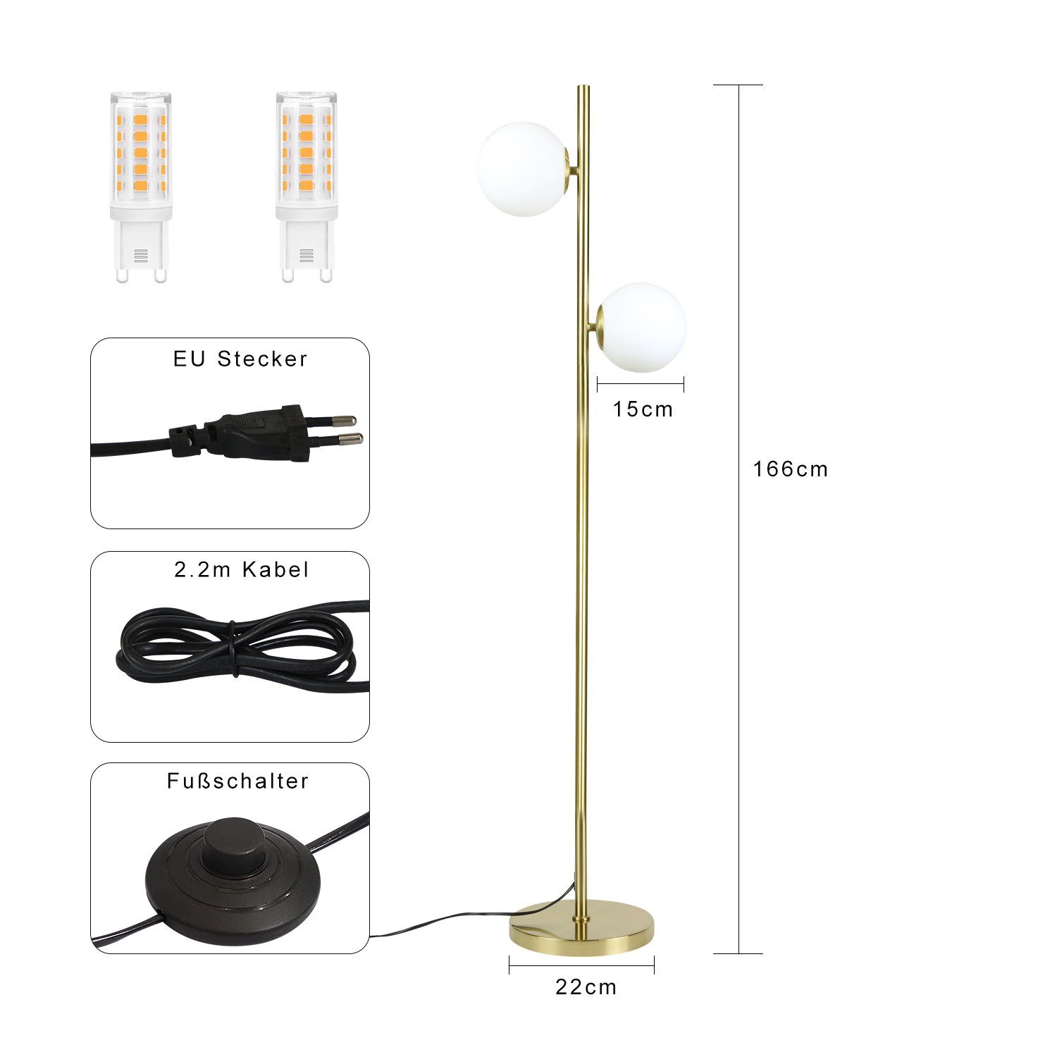 Nettlife Netzkabel Fassung G9 m Stehlampe 2.2 Leselampe, Glas-Lampenschirm