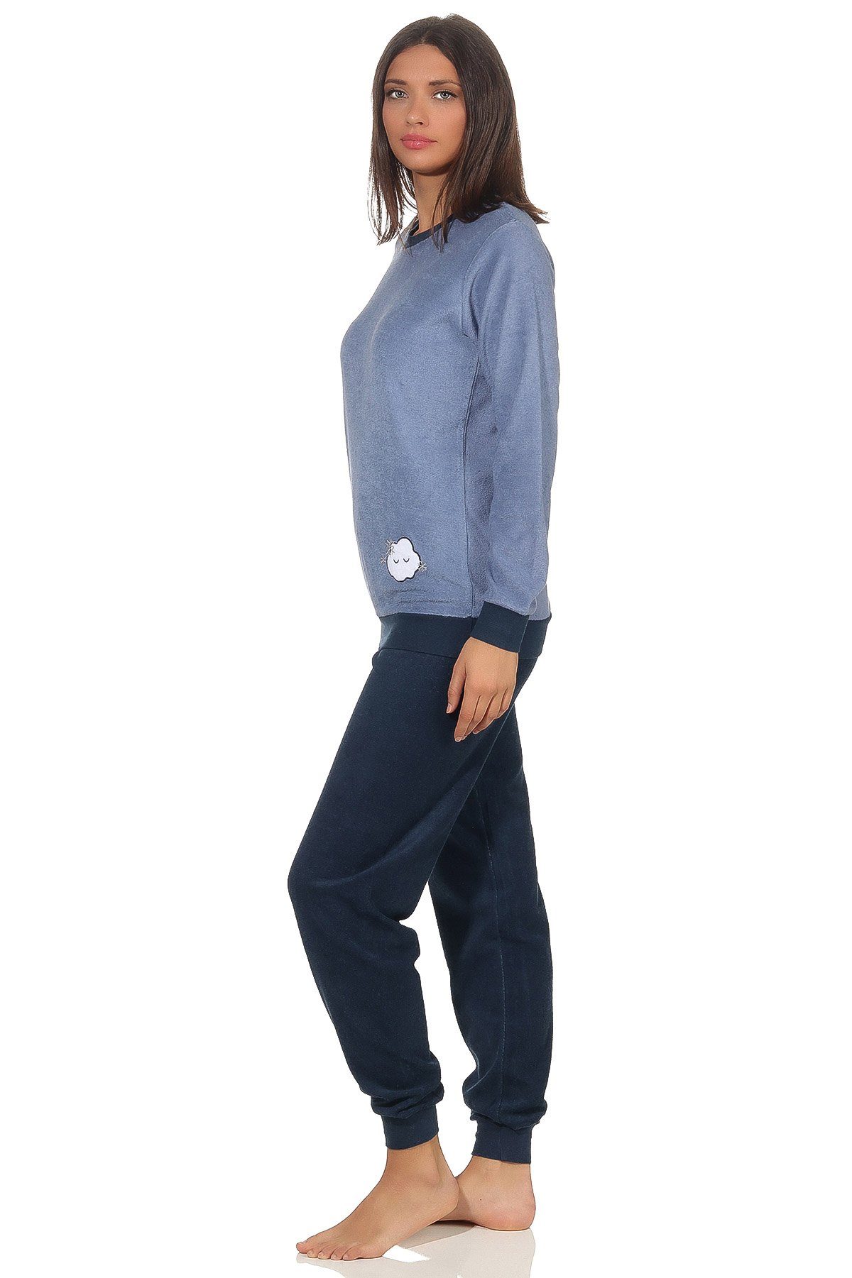 RELAX by Normann Pyjama Damen Frottee Pyjama langarm mit Bündchen und süsser Applikation