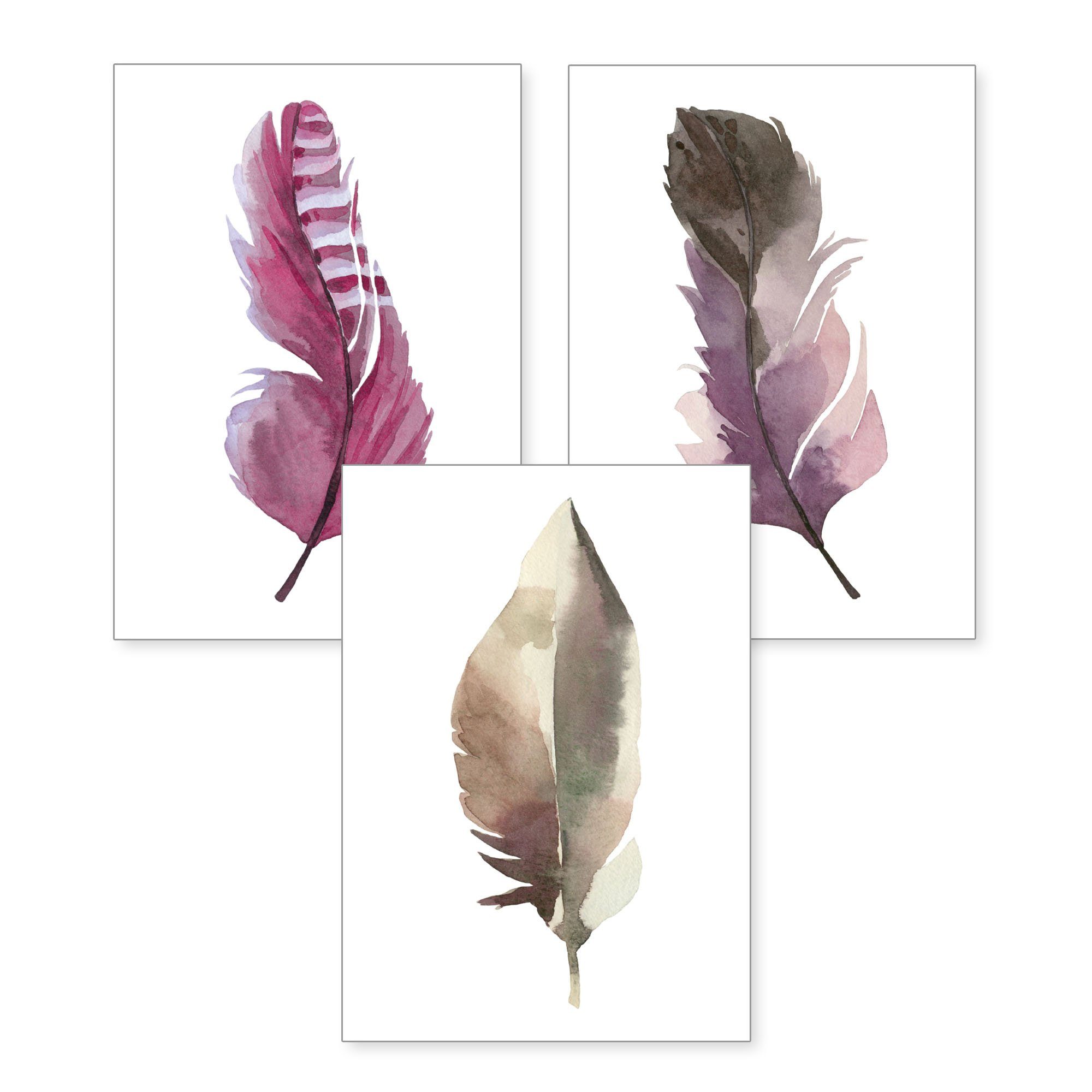 Kreative Feder Poster, Feder (Set, 3 St), 3-teiliges Poster-Set, Wandbild, optional mit Rahmen, DIN A4 oder A3
