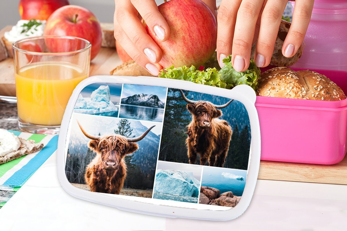 MuchoWow Lunchbox Schottischer Highlander - Snackbox, rosa Kunststoff, Brotbox für Brotdose Mädchen, Collage Kunststoff Winter, Kinder, Erwachsene, (2-tlg), 