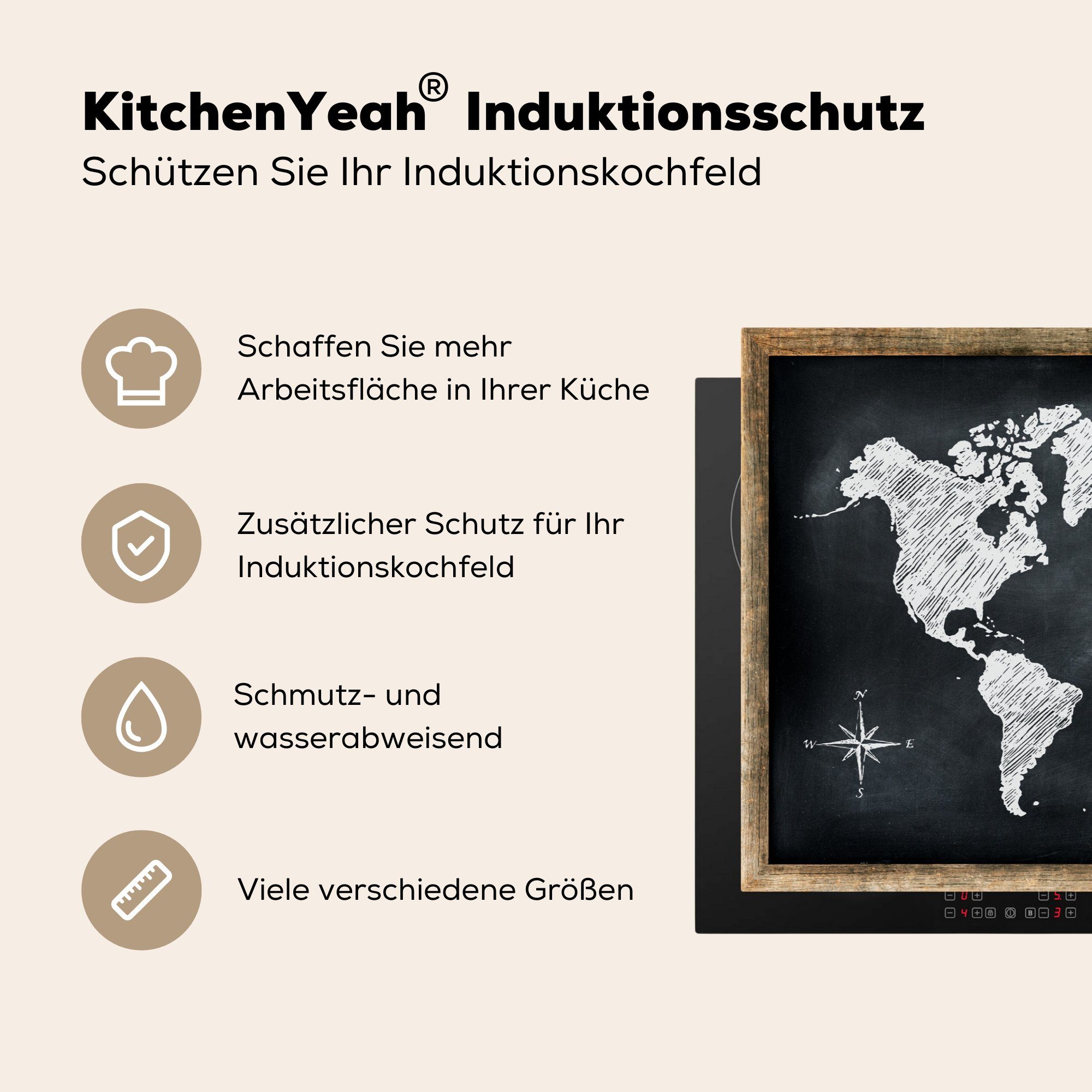 Wandtafel küche, Induktionskochfeld - Herdblende-/Abdeckplatte - für die Weltkarte Vinyl, Kreide, Schutz Ceranfeldabdeckung cm, MuchoWow tlg), 81x52 (1