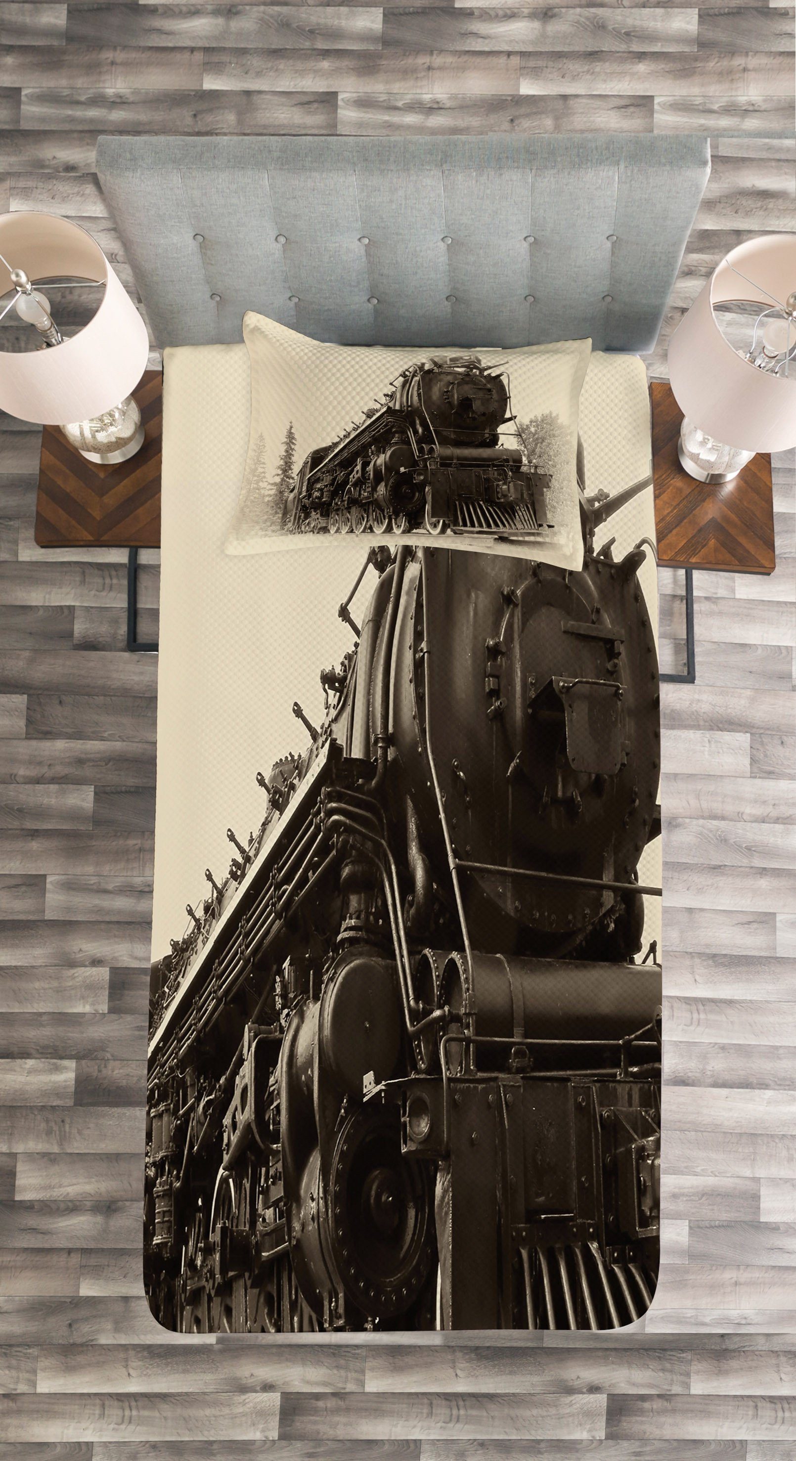 Tagesdecke Set mit Kissenbezügen Kunst Zug Antik Abakuhaus, Dampfmaschine Waschbar