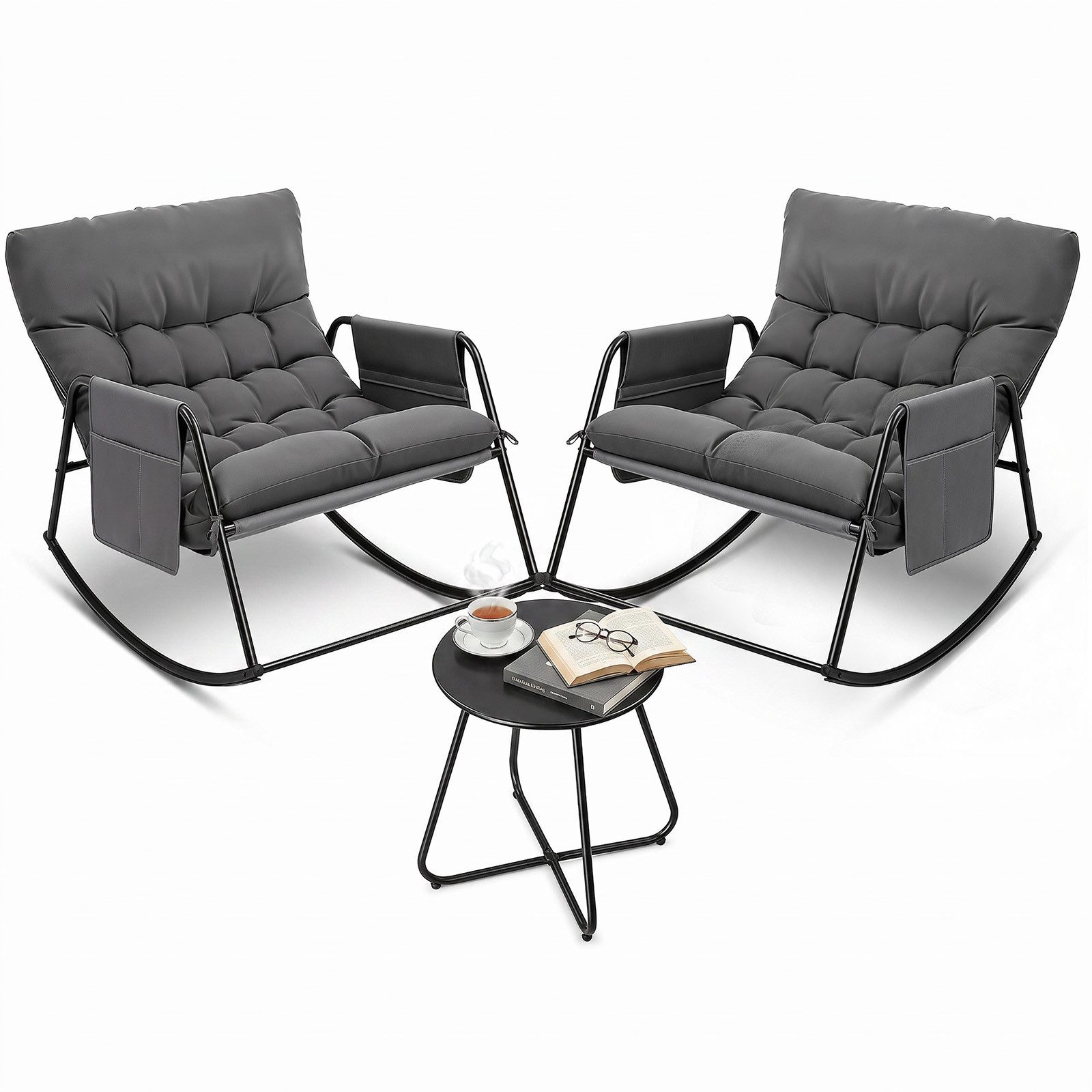 VINGLI Balkonset Balkonmöbel Set 3 teilig, Schaukelstühlen und Tisch, Grau/ Weiß