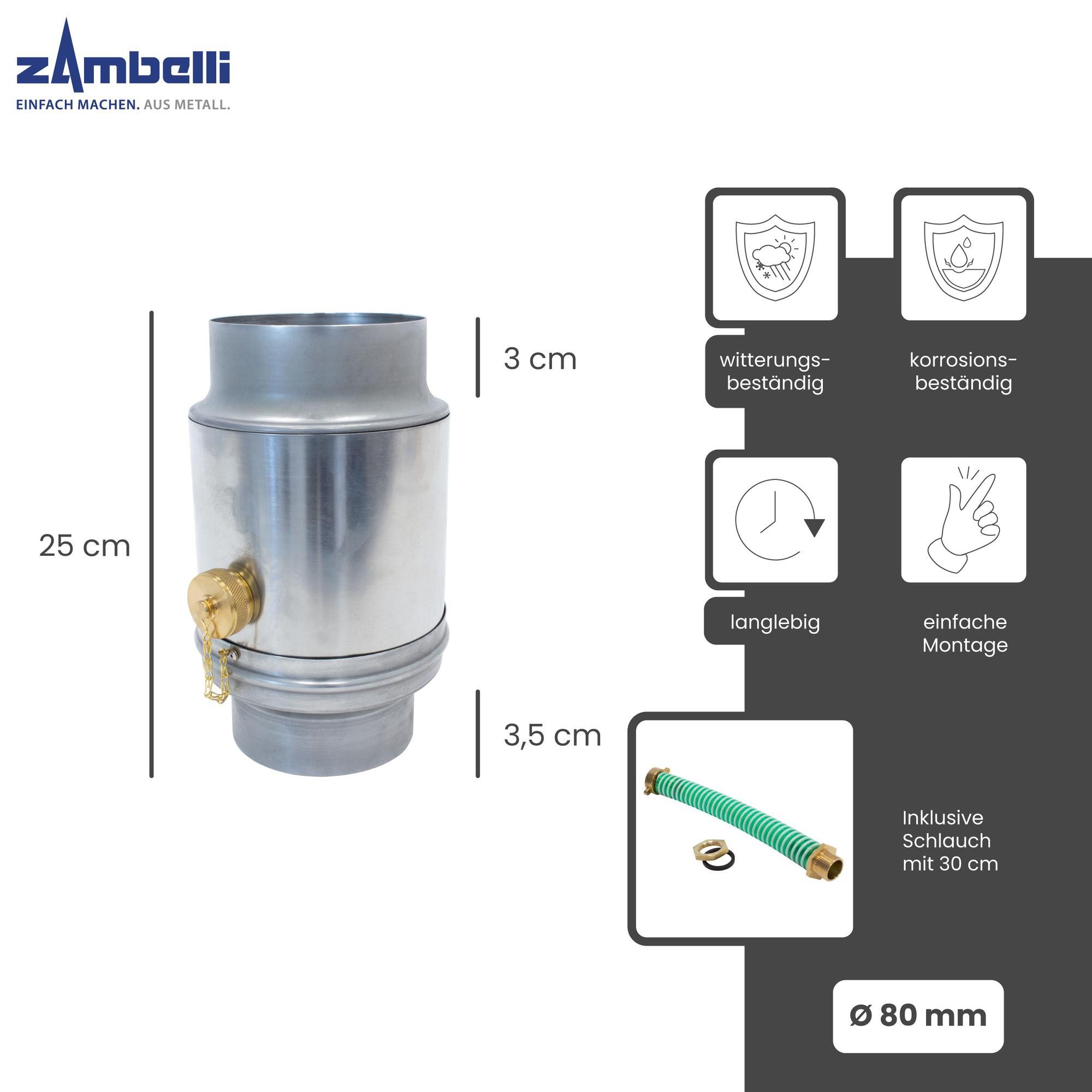 Zambelli Regenfallrohr, (Regenwassersammler 80mm Silber aus korrosionsbeständigem Titanzink), Wassersammler inkl. Schlauchanschluss für Regentonne