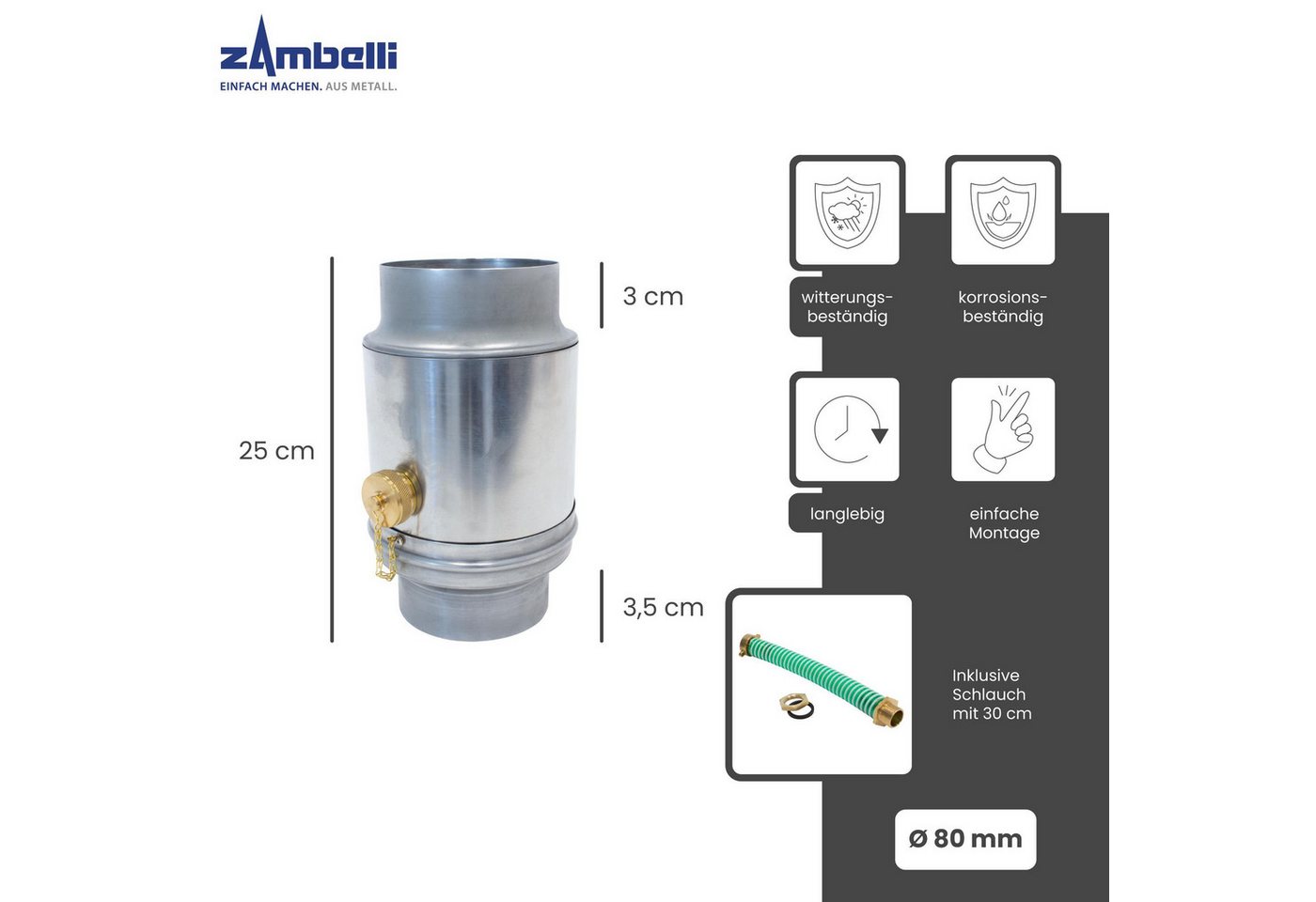 Thumbnail - Zambelli Regenfallrohr, (Regenwassersammler 80mm Silber aus korrosionsbeständigem Titanzink), Wassersammler inkl. Schlau...