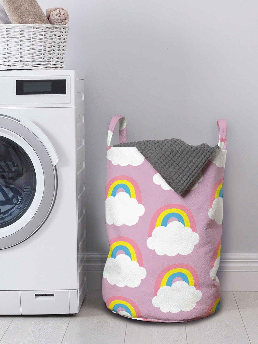 Nursery Griffen Abakuhaus Waschsalons, Wäschekorb Kordelzugverschluss Cartoon Wäschesäckchen Weichen Regenbogen mit Wolken für