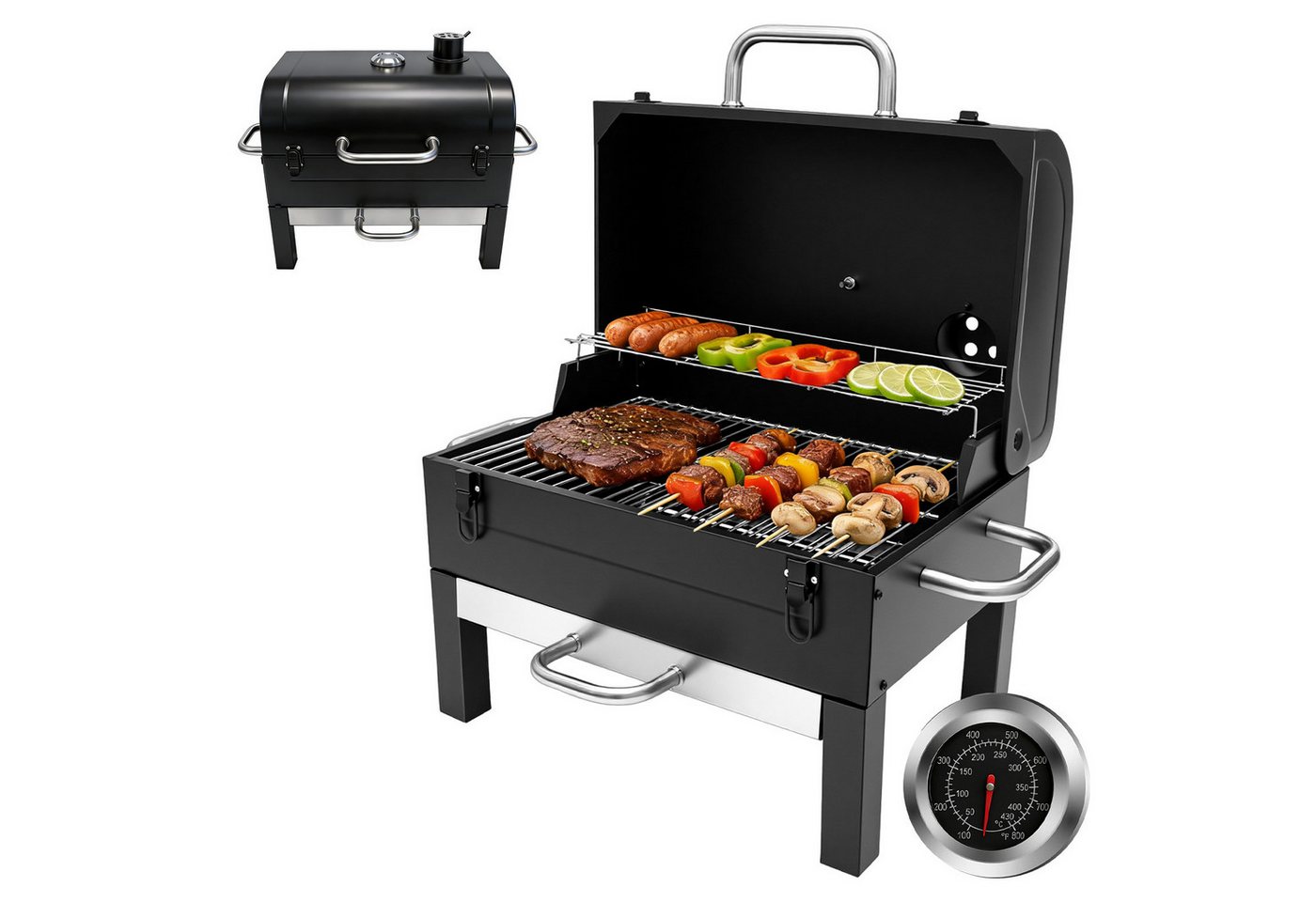 SunJas Holzkohlegrill Tragbarer Tischgrill mit Deckel, Thermometer und Lüftungssystem, compinggrill,BBQ Grill mit Doppelrost, Grillfläche 48 x 32 cm für Camping & Outdoor