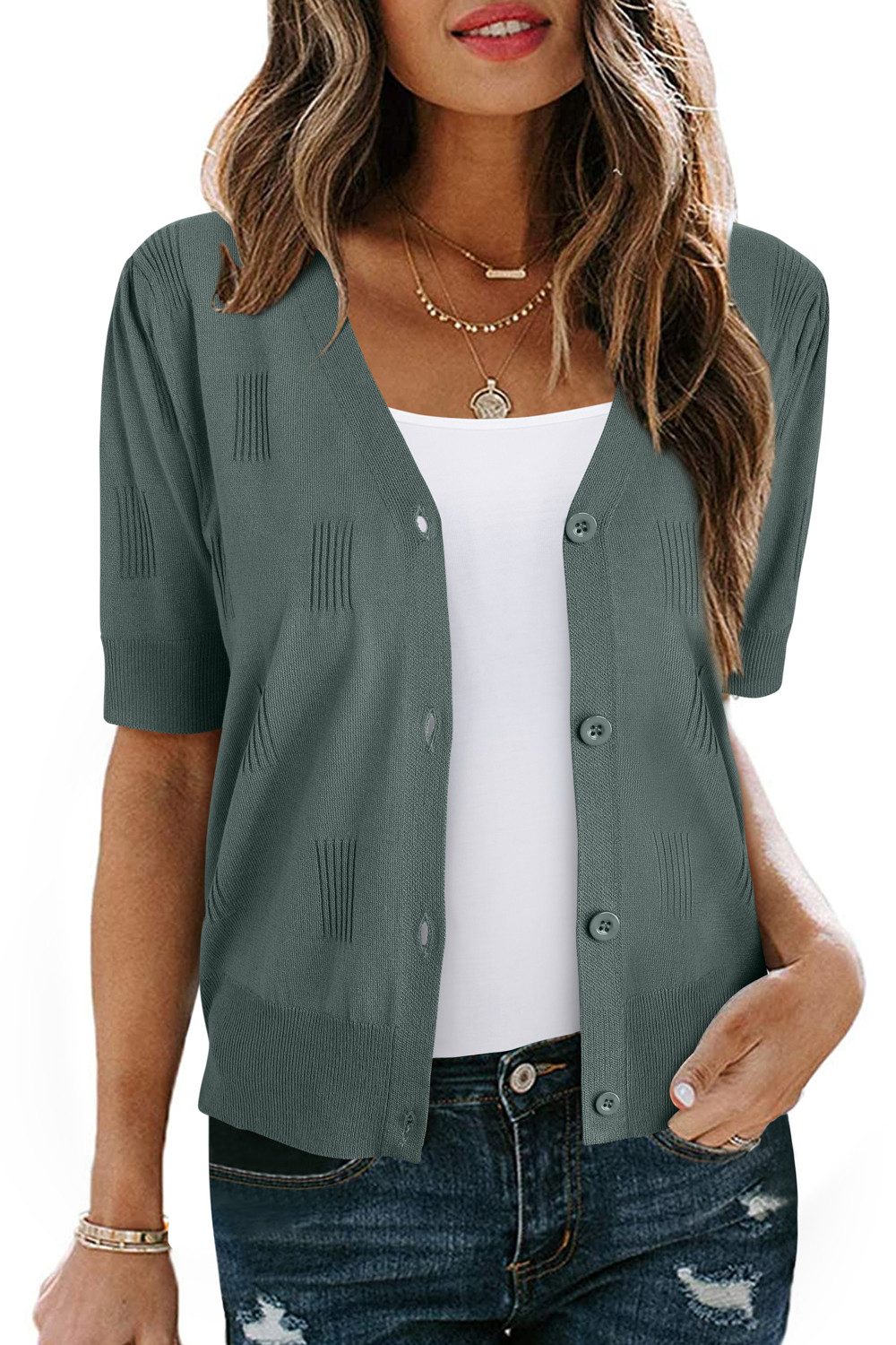 Arach&Cloz T-Shirt Damen Strickjacke kurzärmelig leicht V-Shirt für den Sommer Volltonfarbe Pullover Kurzarmhemd Geeignet Business Freizeit