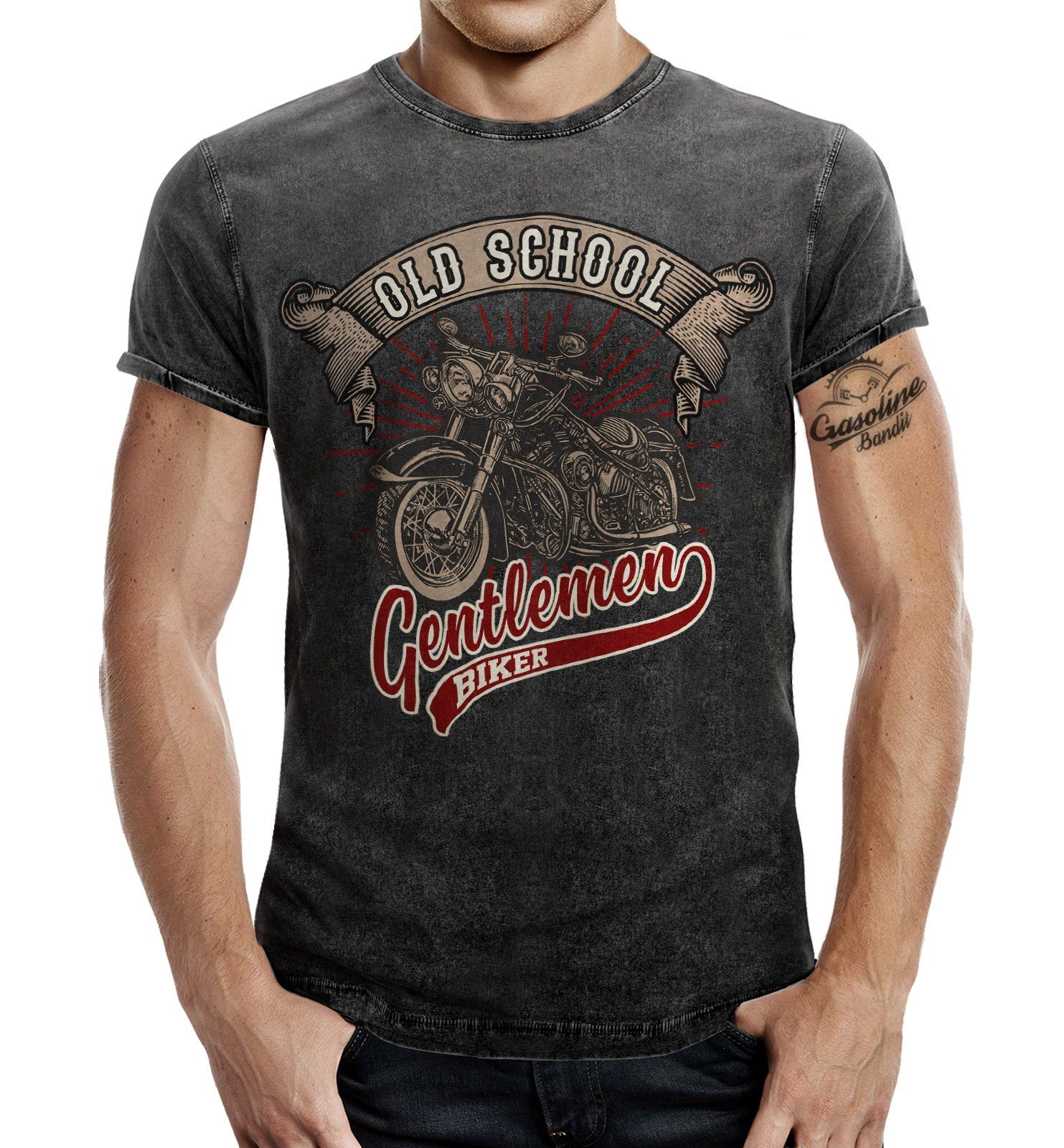 GASOLINE BANDIT® T-Shirt für Biker im Washed Jeans Look: Oldschool Gentlemen