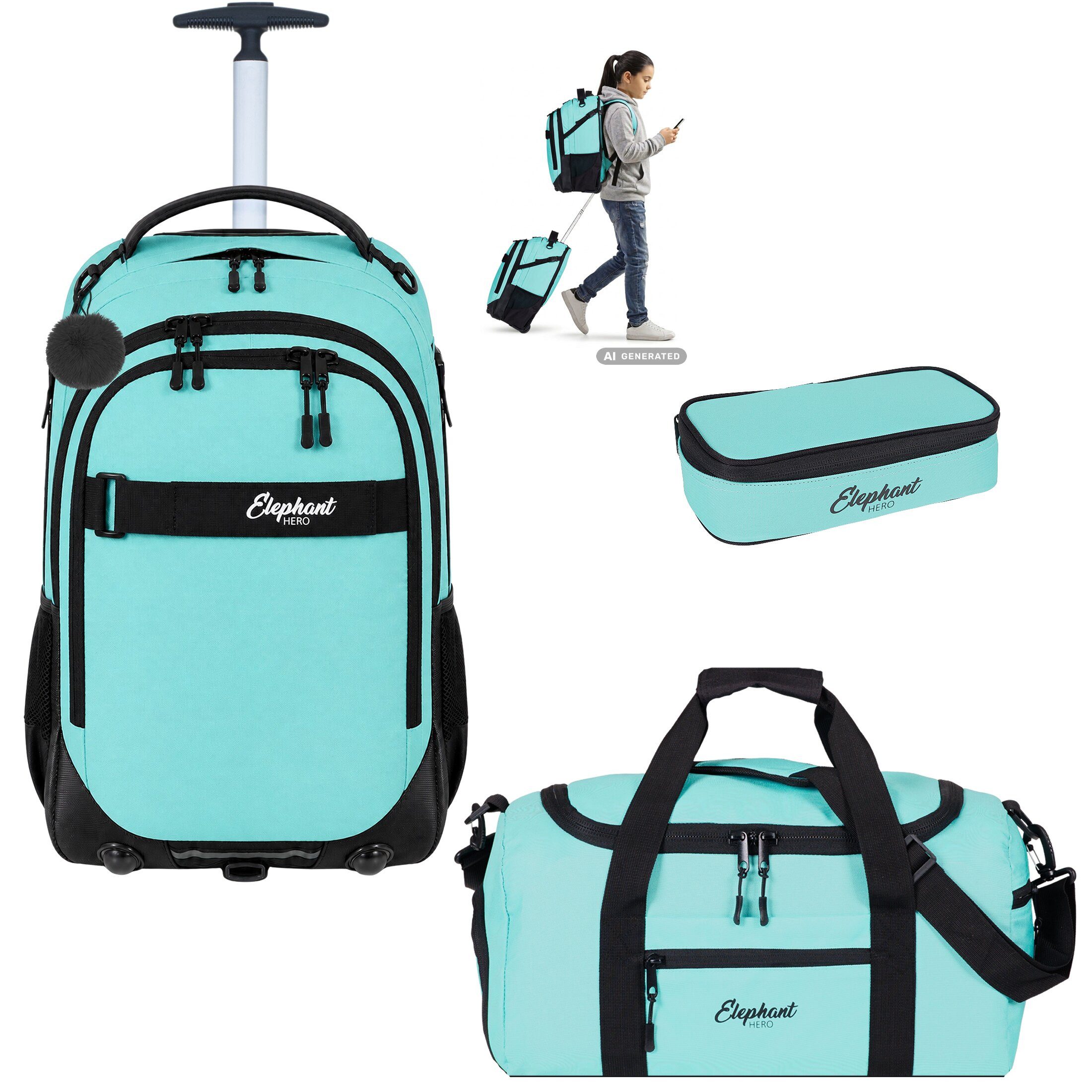 ELEPHANT Schulrucksack Schultrolley Trolley Hero Signature Schulrucksack (3 Teile Set), Rucksacktrolley Schule Rucksack Trolly, Sporttasche, Mäppchen Box +tsm