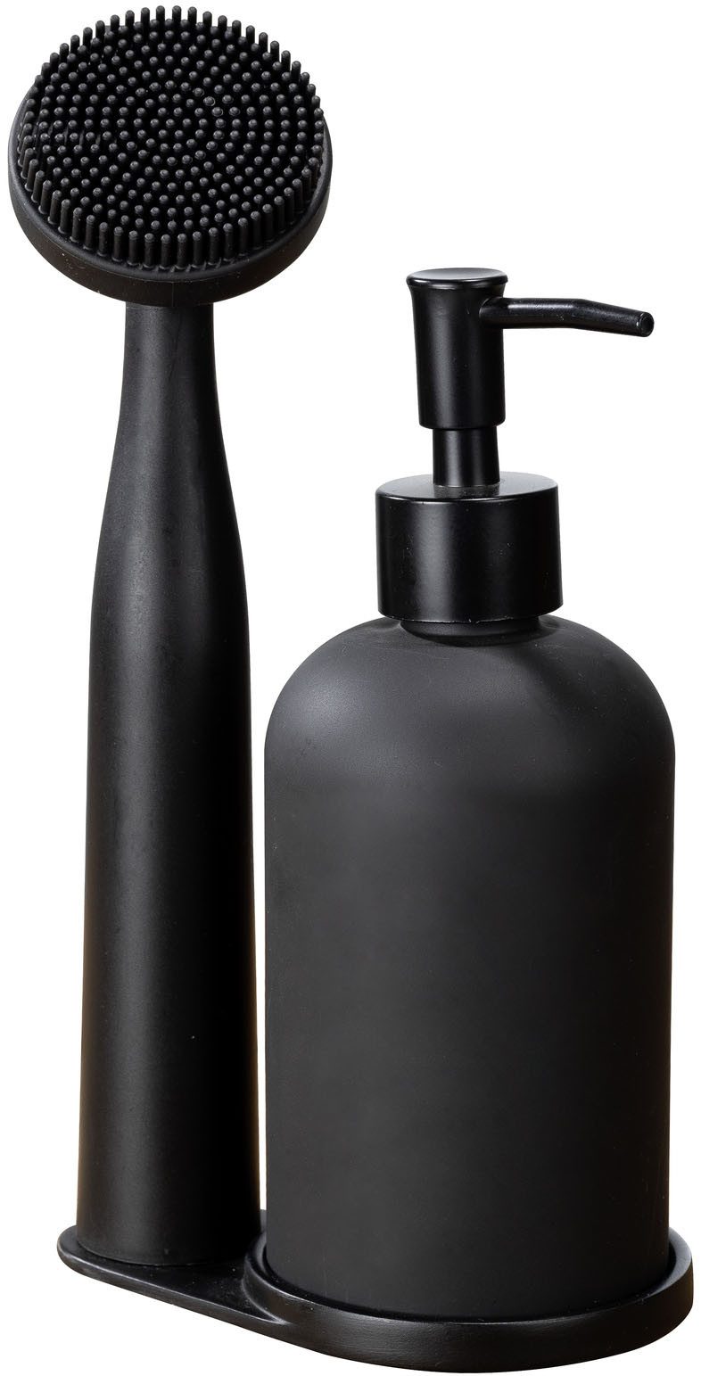 WENKO Spülmittelspender Modell Piedo, (Set, 3-tlg), Spül-Set, inkl. Spülbürste mit Halterung, Glas/Polyresin