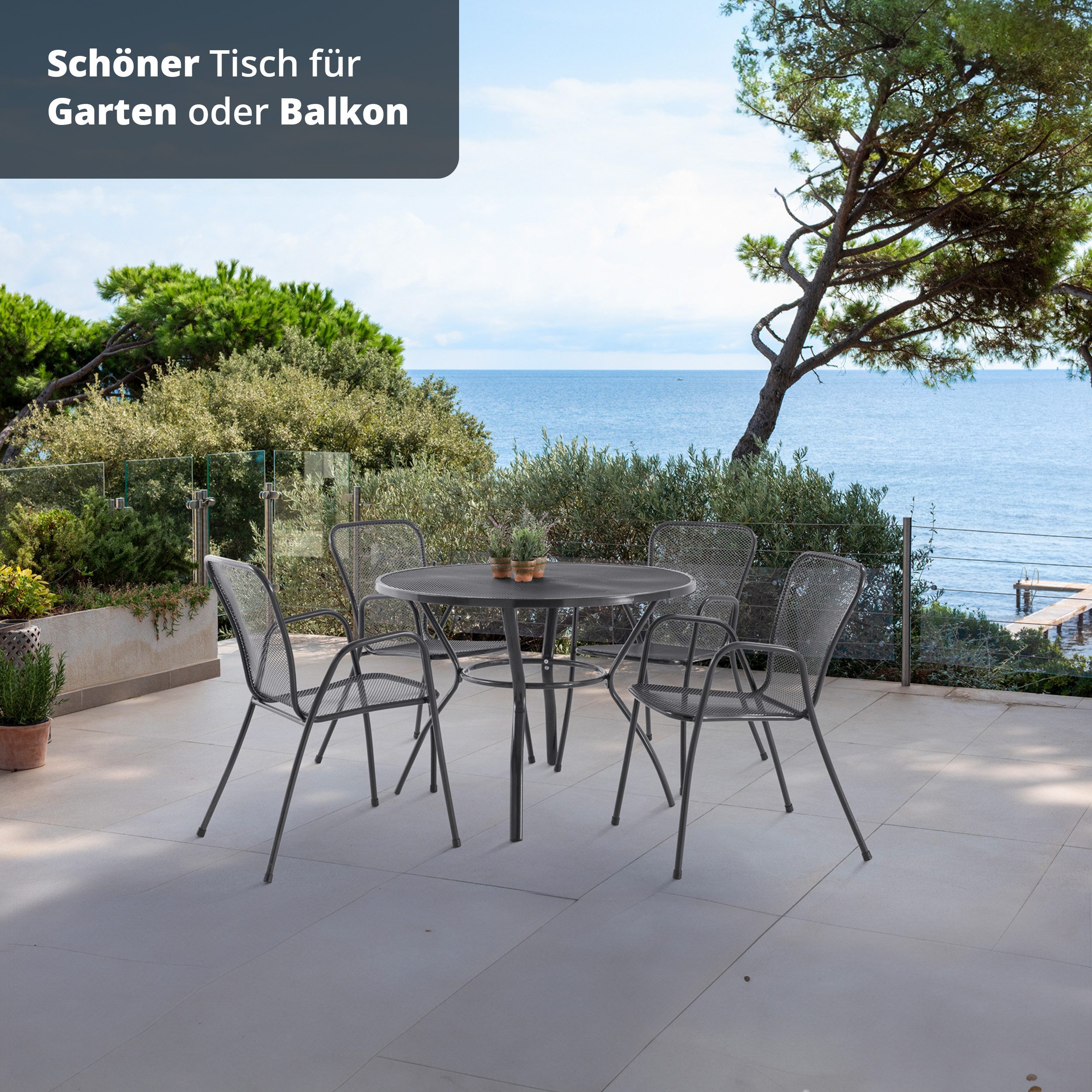 KHG Gartentisch Gartentisch mit Gittergeflecht Anthrazit ⌀ 90 cm, bis 50 kg belastbar (Outdoor-Tisch Rund), aus Eisen, zum Schutz pulverbeschichtet