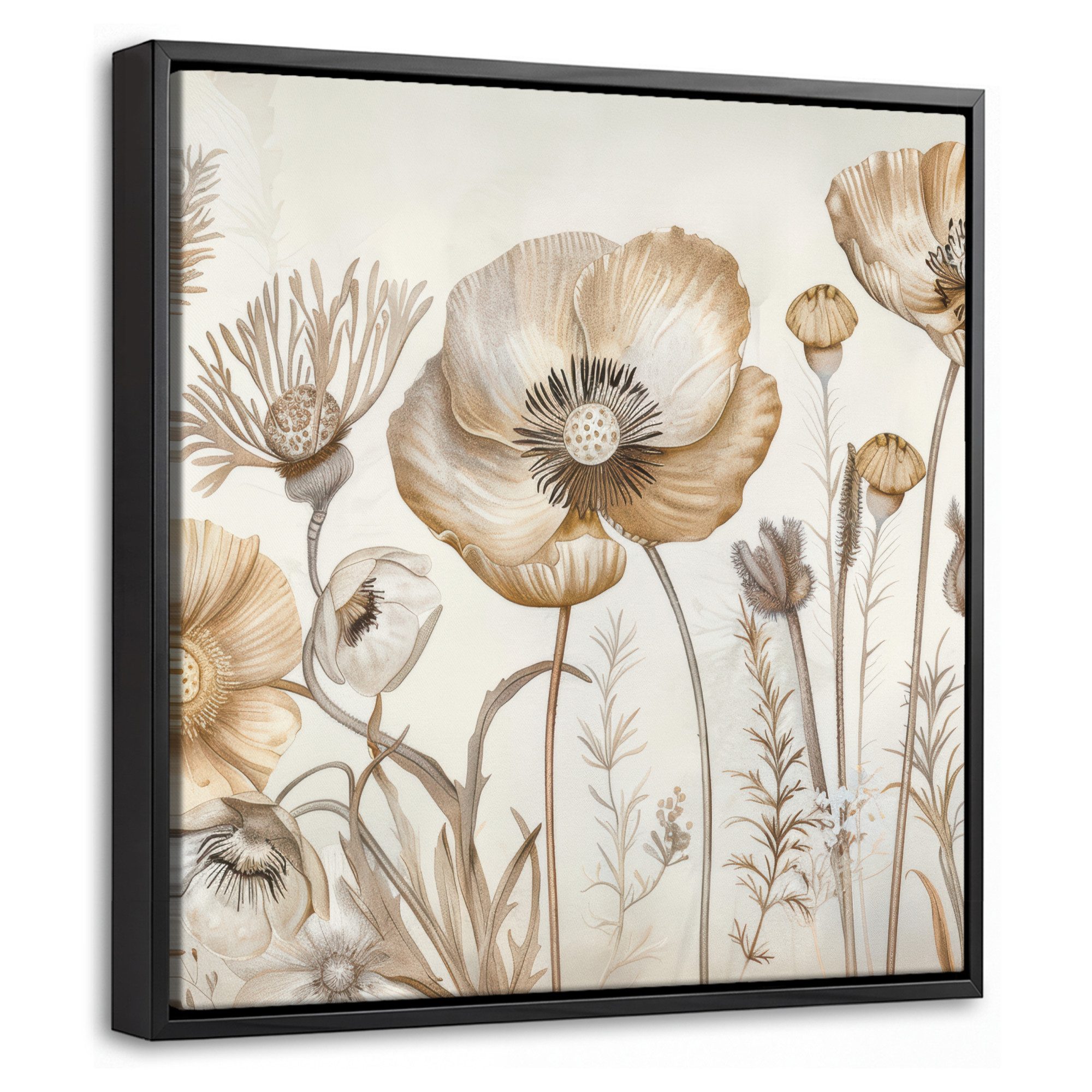 OneMillionCanvasses® Leinwandbild mit Rahmen - Blumen - Beige - Natur - Illustration, Fotodruck (1 St), Leinwand Bilder Klein, Wand Dekoration Aesthetic 20x20cm