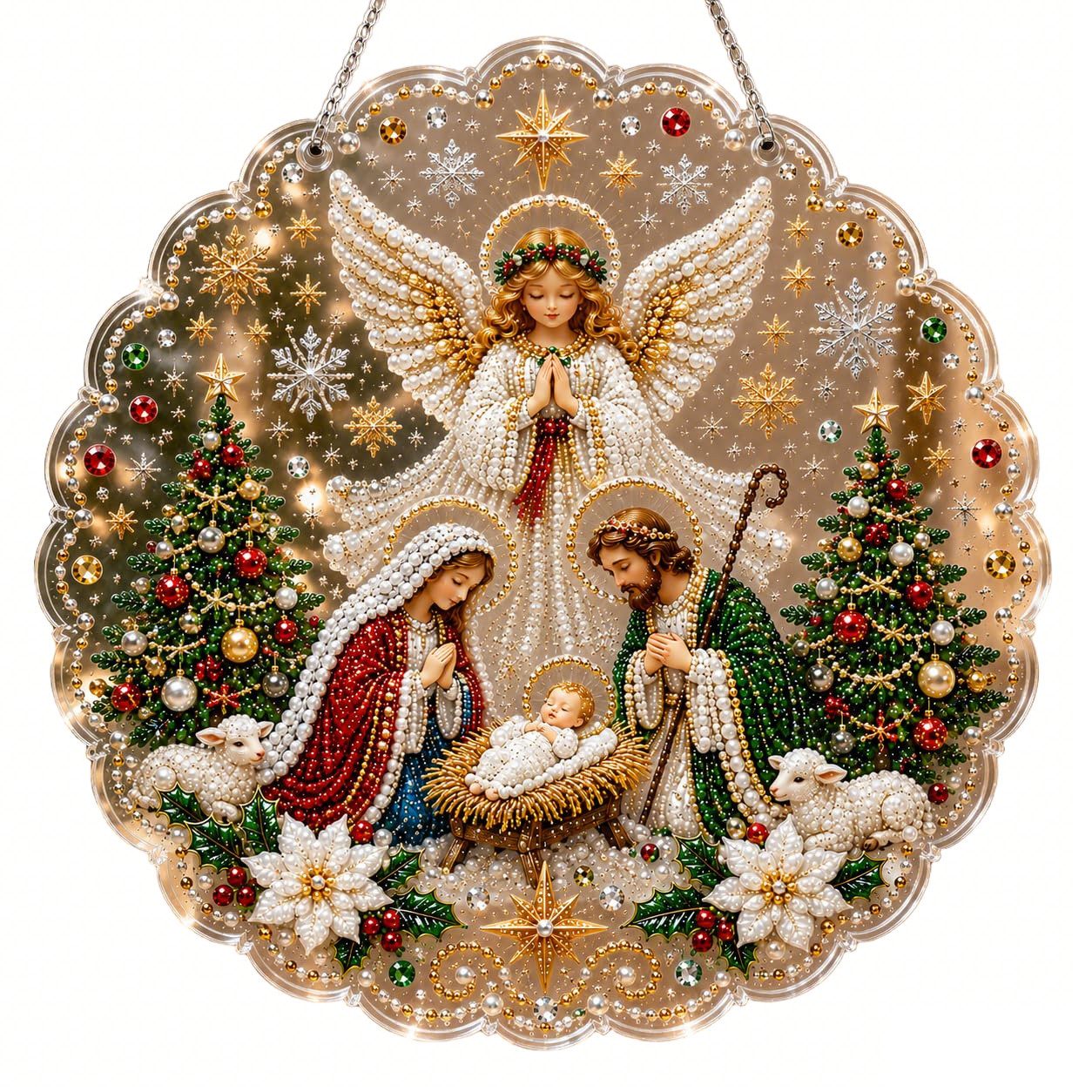 Bomiclss Kreativset Weihnachtsschmuck mit Perle und Diamant,Verfügt über 3D-Perlen, Runder Acryl-Anhänger mit Spitzenbordüre für Weihnachtsbaum