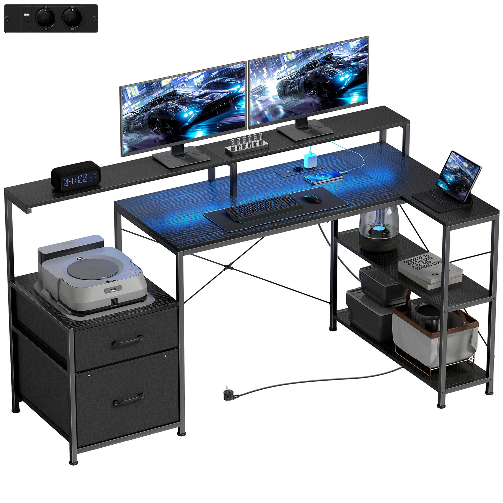HOMCOM Gamingtisch mit LED & Steckdosen, Doppelmonitorständer, 2 Schublade, Ablagefächer (Computertisch, 1-St., Schreibtisch), für Büro, Arbeitszimmer, Schwarz